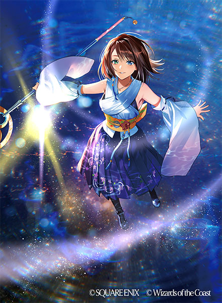 murakami yuichi, yuna (ff10), final fantasy, final fantasy x, magic: the gathering, square enix, commentary request, official art, bare shoulders, black boots, black bra, blue eyes, blue skirt, boots, bra, brown hair, dancing, detached sleeves, from above, green eyes, heterochromia, holding, holding staff, japanese clothes, long skirt, medium hair, nontraditional miko, obi, parted lips, pleated skirt, sash, shirt, skirt, staff, standing, standing on liquid, underwear, white shirt, white sleeves, wide sleeves
