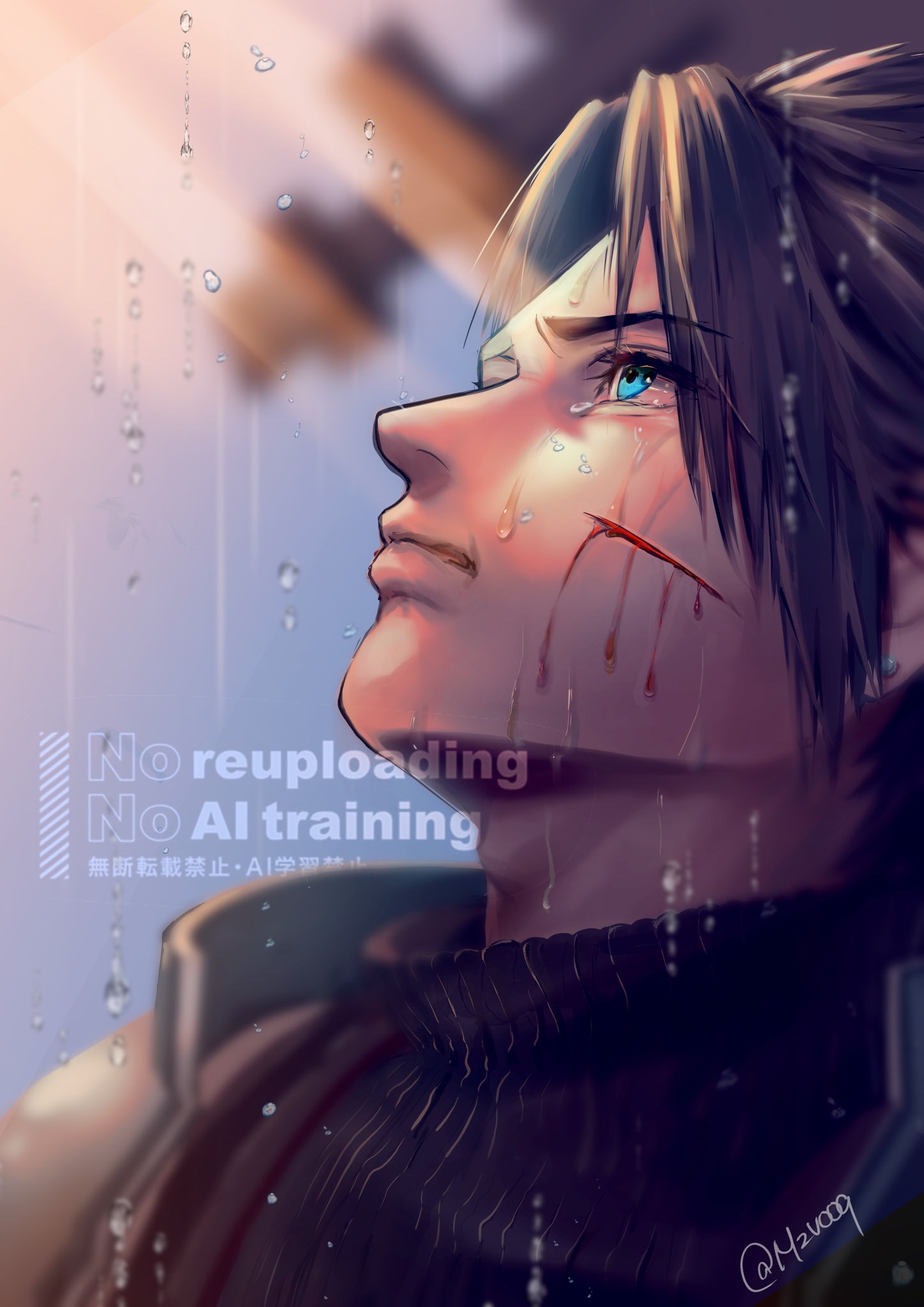 m2v009, zack fair, crisis core: final fantasy vii, final fantasy, final fantasy vii, highres, 1boy, aqua eyes, armor, black hair, blood, blood on face, blurry, blurry background, earrings, furrowed brow, injury, jewelry, looking up, male focus, parted bangs, pauldrons, rain, shoulder armor, single earring, sleeveless, sleeveless turtleneck, solo, suspenders, turtleneck, twitter username, upper body, water drop, wet
