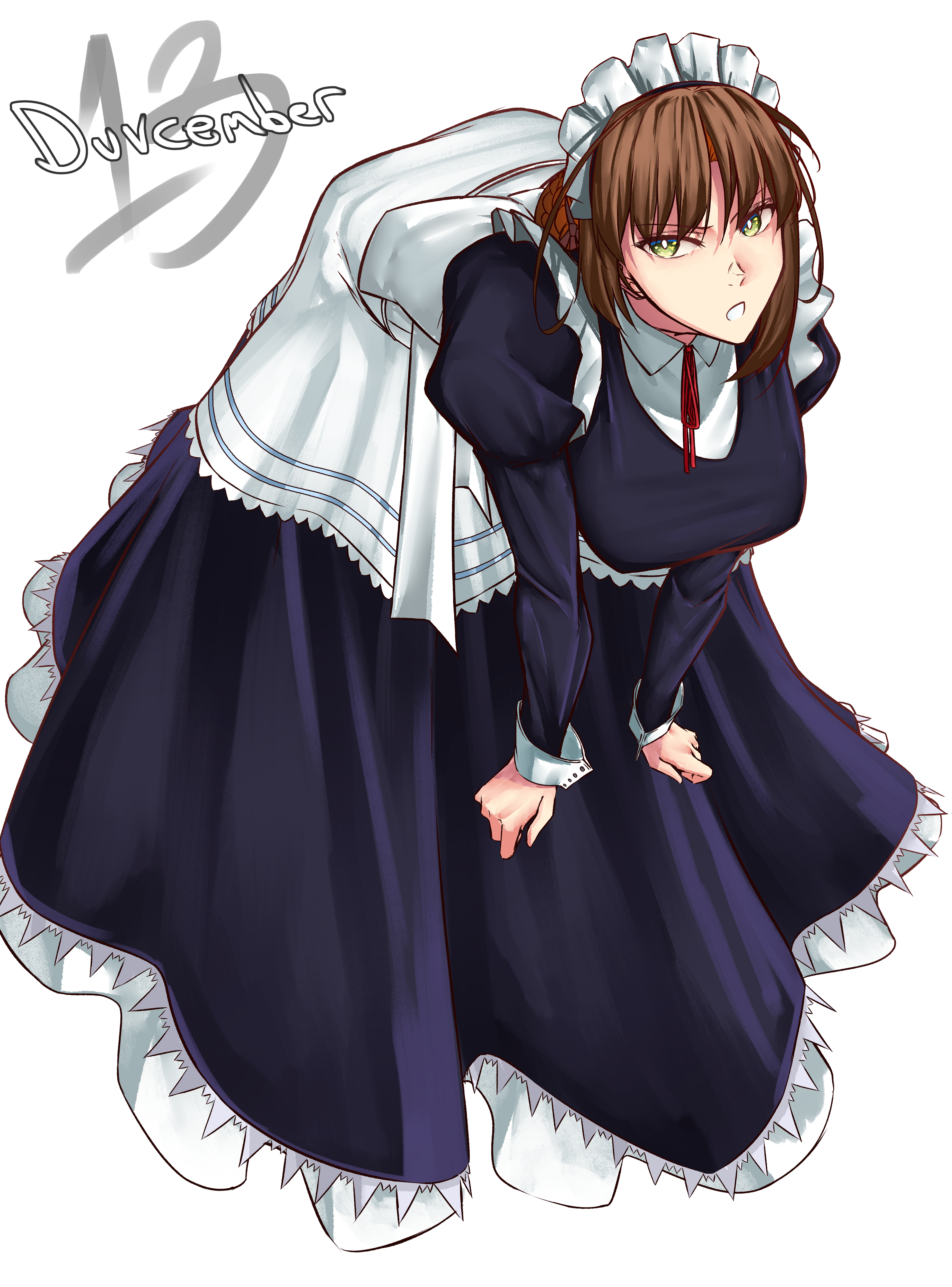 moren eh, duvalie, eiyuu densetsu, sen no kiseki (series), absurdres, commentary, english commentary, highres, 1girl, bent over, bob cut, braid, brown hair, bun with braided base, dated, dress, english text, green eyes, hair bun, maid, maid headdress, short hair, simple background, single hair bun, solo, white background