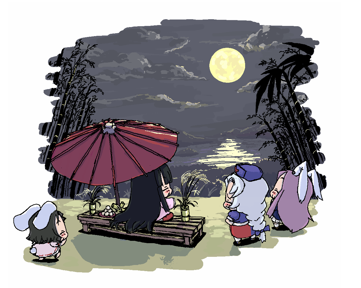 baku taso, houraisan kaguya, inaba tewi, reisen udongein inaba, yagokoro eirin, touhou, silver hair, 4girls, animal ears, black hair, chibi, female focus, long hair, moon, multiple girls, oil-paper umbrella, purple hair, rabbit ears, short hair, umbrella