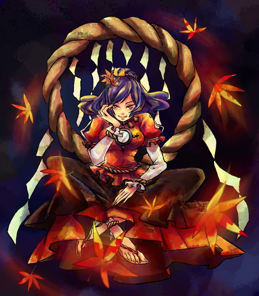 bonanza, bonanza (artist), yasaka kanako, touhou, 1girl, female focus, full body, leaf, maple leaf, purple hair, rope, sandals, short hair, sitting, solo, yellow eyes