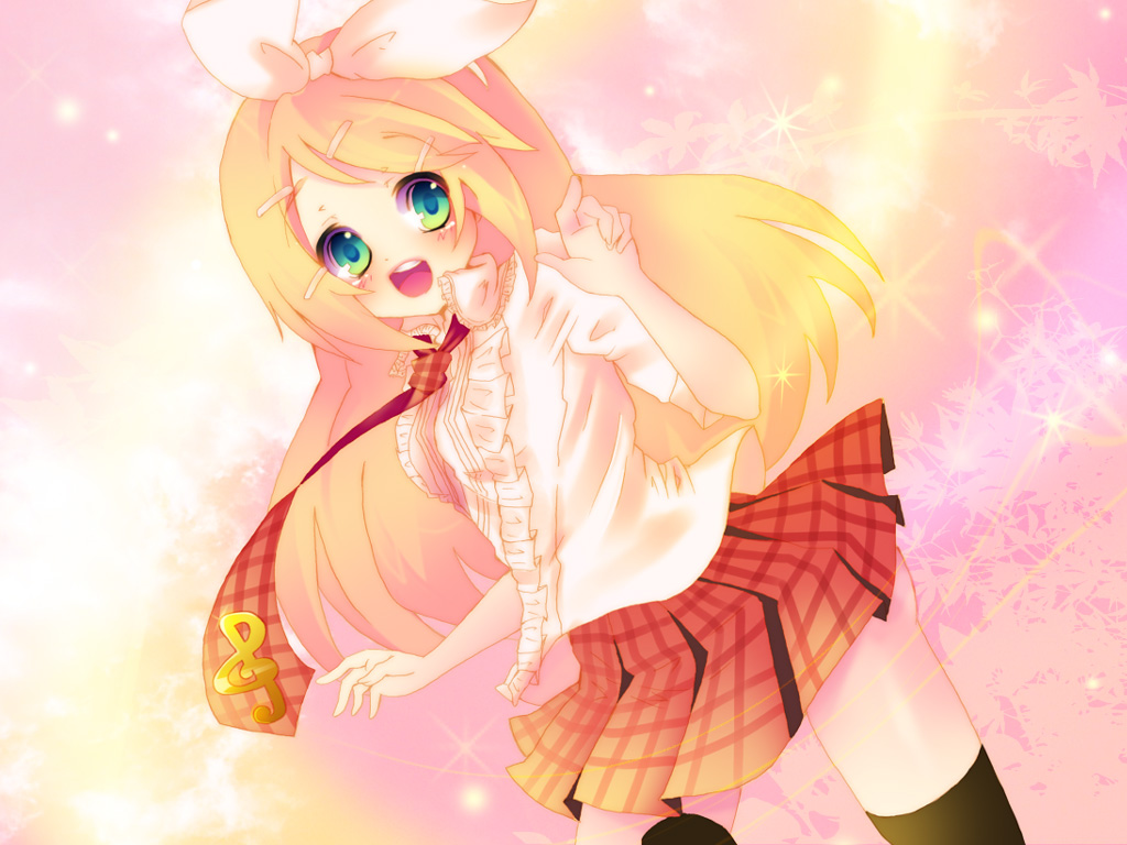ivory chocolate, kagamine rin, koi na nairo (vocaloid), vocaloid, bad id, bad pixiv id, 1girl, alternate hairstyle, aqua eyes, black thighhighs, blonde hair, blush, female focus, gradient background, green eyes, hair ornament, hair ribbon, hairclip, long hair, necktie, open mouth, plaid clothes, plaid skirt, ribbon, short hair, skirt, smile, solo, thighhighs, zettai ryouiki