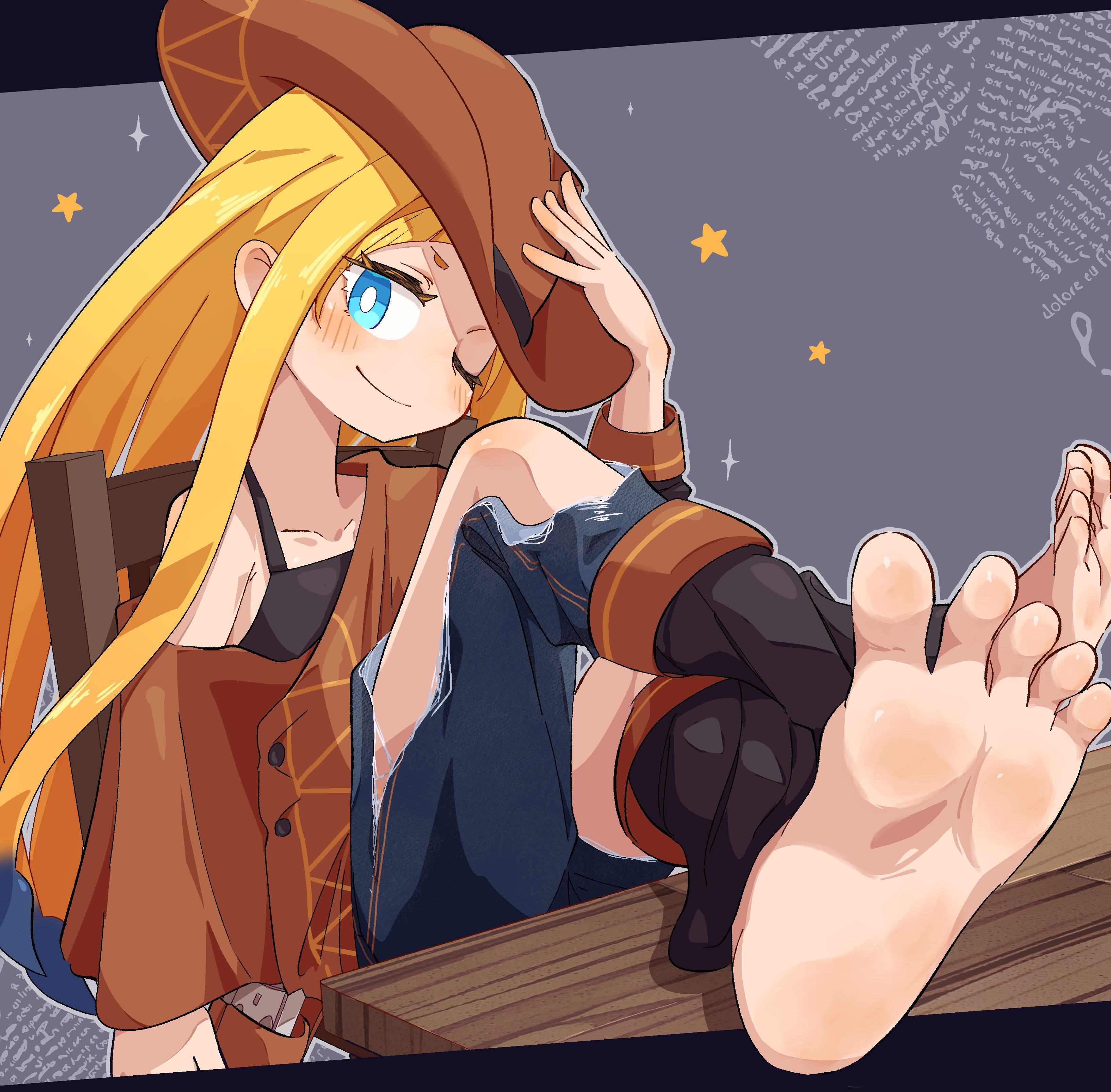 mok orz, original, absurdres, highres, 1girl, barefoot, blonde hair, blue eyes, blush, cowboy hat, feet, feet on table, hat, long hair, looking at viewer, one eye closed, smile, soles, toes