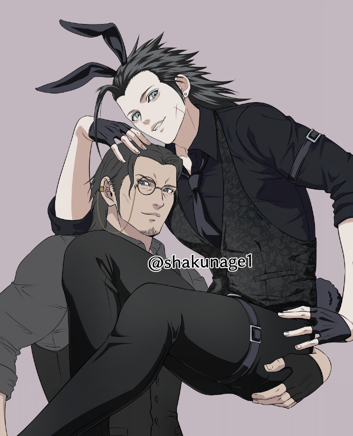 shakunage1, angeal hewley, zack fair, zack fair (bunny butler), crisis core: final fantasy vii, final fantasy, final fantasy vii, final fantasy vii: ever crisis, commentary request, unfinished, 2boys, alternate color, animal ears, arm around waist, beard, black gloves, black hair, black necktie, black pants, black shirt, black vest, blue eyes, collared shirt, cross scar, earrings, facial hair, facial scar, fingerless gloves, gloves, grey background, grey shirt, hair slicked back, jewelry, kemonomimi mode, long hair, male focus, medium hair, monocle, multiple boys, necktie, official alternate costume, pants, parted bangs, parted lips, rabbit boy, rabbit ears, rabbit tail, scar, scar on cheek, scar on face, shirt, sideburns, single earring, smile, tail, twitter username, vest, waistcoat, yaoi