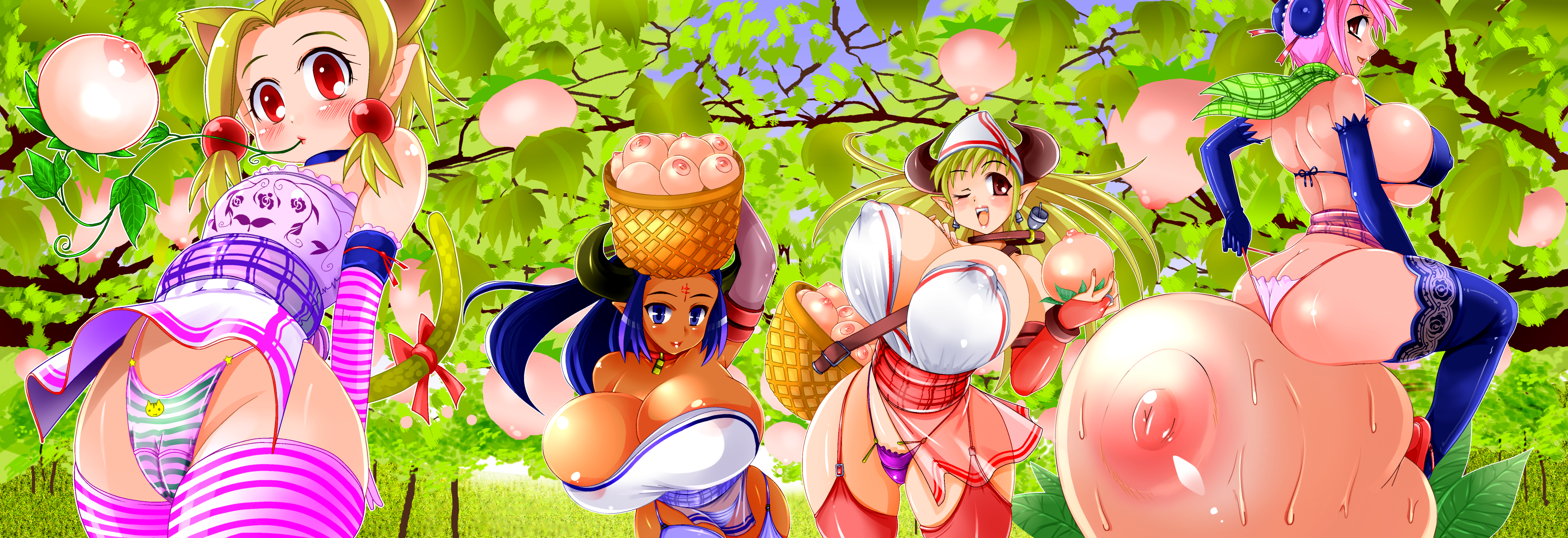 amano taiki, striped legwear, absurdres, bad id, bad pixiv id, highres, long image, wide image, 4girls, animal ears, backboob, between breasts, bikini, bikini top only, blonde hair, blue eyes, blue hair, blush, bottomless, breasts, cameltoe, cleavage, dark-skinned female, dark skin, elbow gloves, foreshortening, garter straps, gloves, horns, huge breasts, large breasts, loli, multiple girls, nipple slip, nipples, panties, red eyes, shortened garment, sideboob, striped clothes, striped elbow gloves, striped panties, striped thighhighs, swimsuit, tail, thighhighs, thong, underwear, upskirt, what, wind, wind lift