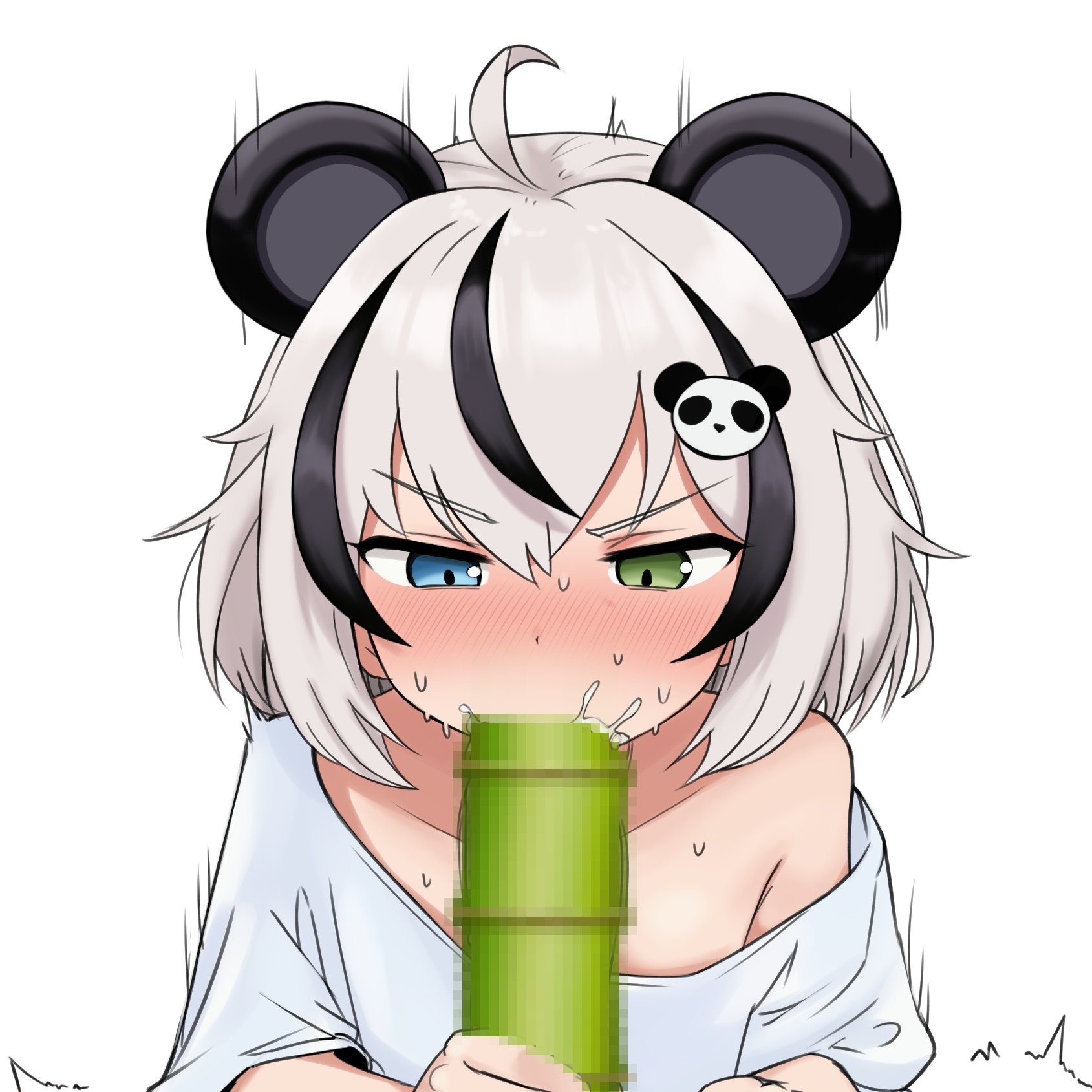 mikoscrub, tinypanda (vtuber), indie virtual youtuber, commentary, english commentary, highres, 1girl, ahoge, animal ears, bamboo, black hair, blue eyes, censored, collarbone, fellatio, green eyes, hair ornament, heterochromia, mosaic censoring, motion lines, multicolored hair, off-shoulder shirt, off shoulder, oral, panda ears, panda girl, panda hair ornament, phallic symbol, shirt, short hair, short sleeves, simulated fellatio, solo, streaked hair, v-shaped eyebrows, white shirt