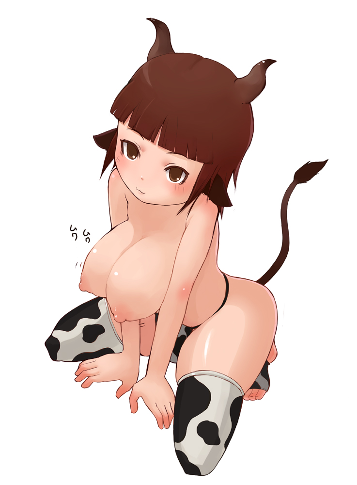 mousoucata, animal ears, animal print, breasts, brown eyes, brown hair, cow ears, cow girl, cow print, cow tail, horns, large breasts, nipples, puffy nipples, short hair, solo, tail, thighhighs, topless female