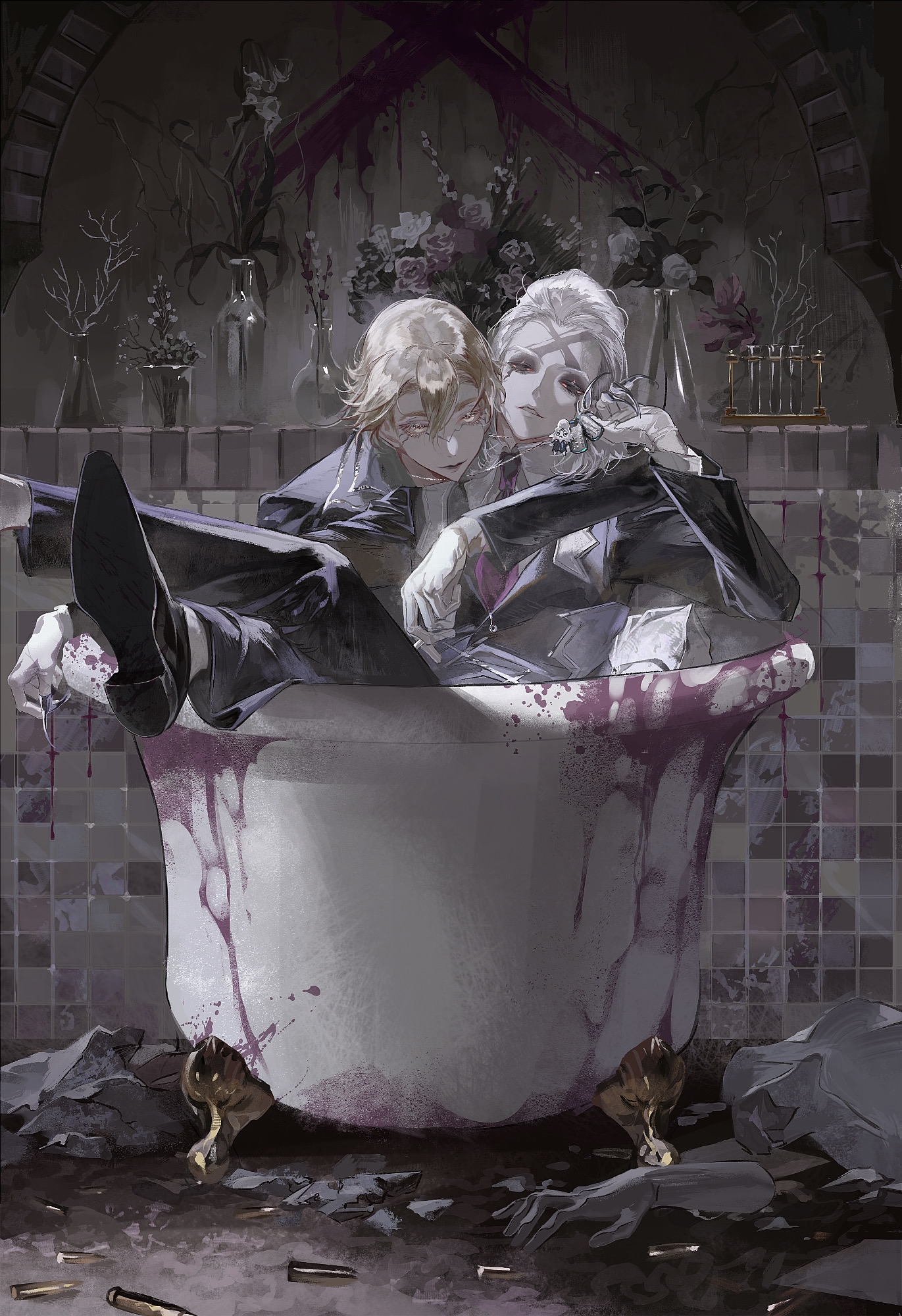 mrthersh, xeno (dr.stone), dr. stone, chinese commentary, commentary request, highres, 2boys, beaker, black jacket, black pants, black shoes, blonde hair, blood, bullet, claws, crossed legs, erlenmeyer flask, expressionless, flask, glass bottle, grey hair, hair slicked back, jacket, jewelry, looking at viewer, male focus, multiple boys, muted color, necklace, pants, round-bottom flask, scar, scar on face, scar on forehead, shoes, stanley snyder (dr.stone), test tube, x mark