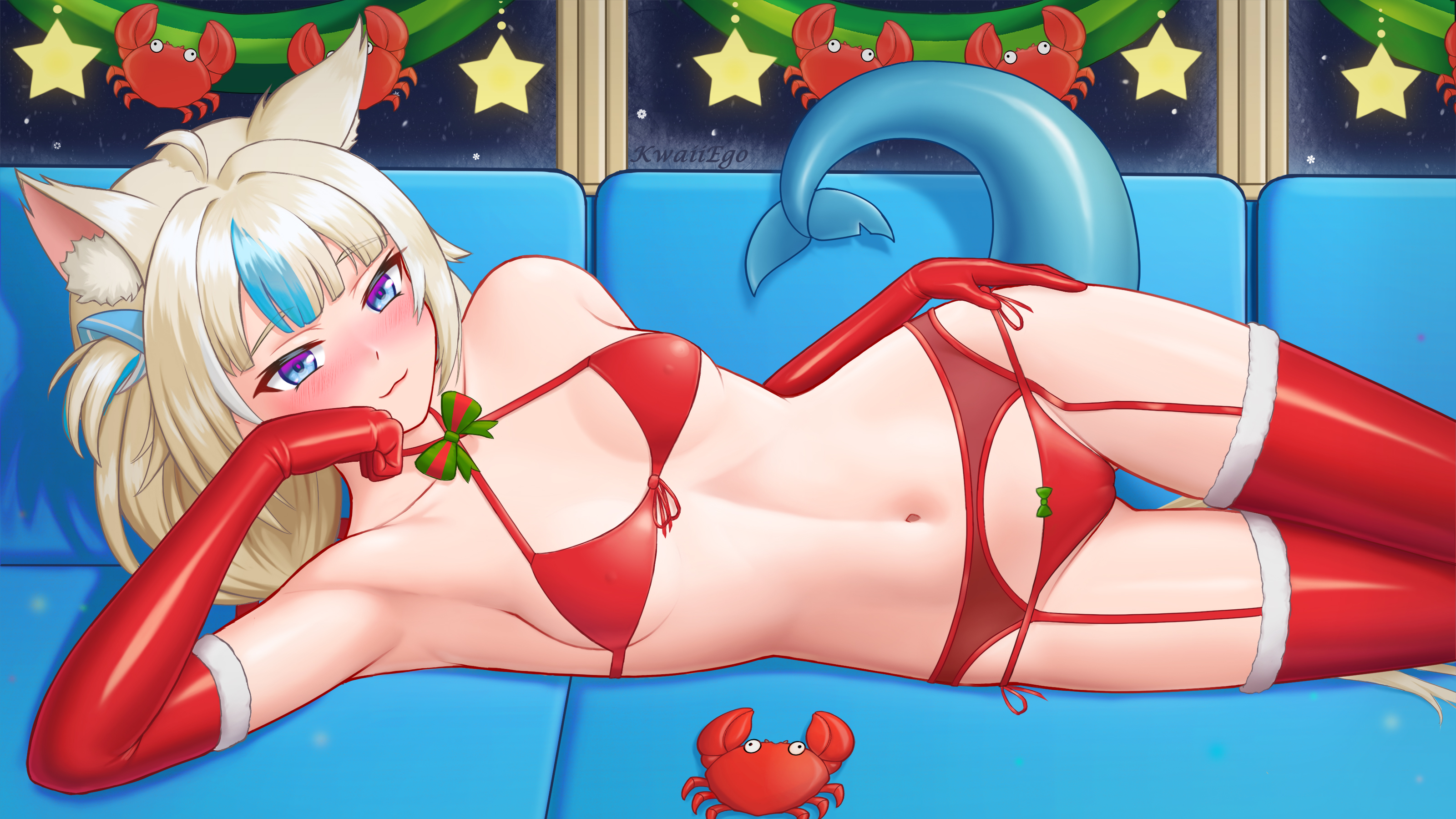 kwaiiego, kaniki (sameko saba), sameko saba, indie virtual youtuber, absurdres, commentary, english commentary, highres, 1girl, :3, animal ears, bikini, blonde hair, blue eyes, blue streaks, blush, cat ears, elbow gloves, fins, fish girl, fish tail, gloves, halterneck, long hair, looking at viewer, multicolored hair, navel, red bikini, red garter belt, red garter straps, red gloves, red thighhighs, side-tie bikini bottom, smile, solo, streaked hair, swimsuit, tail, thighhighs, very long hair, virtual youtuber