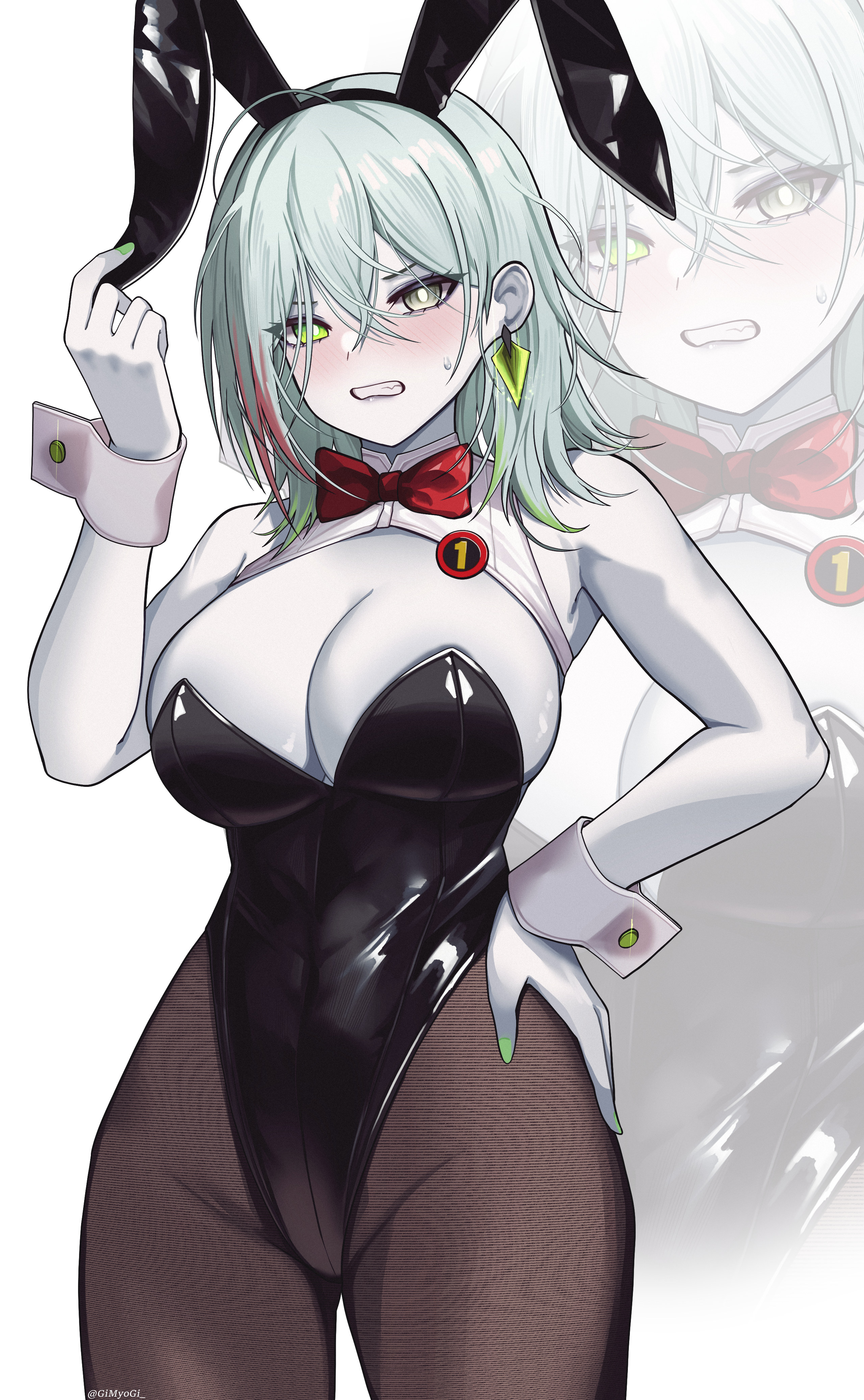 gimyogi, diabellstar the black witch, yu-gi-oh!, absurdres, commentary request, highres, 1girl, animal ears, black leotard, bow, breasts, cleavage, duel monster, fake animal ears, green eyes, green nails, grey eyes, grey hair, grin, hand on own hip, large breasts, leotard, looking at viewer, playboy bunny, red bow, smile, teeth, wrist cuffs