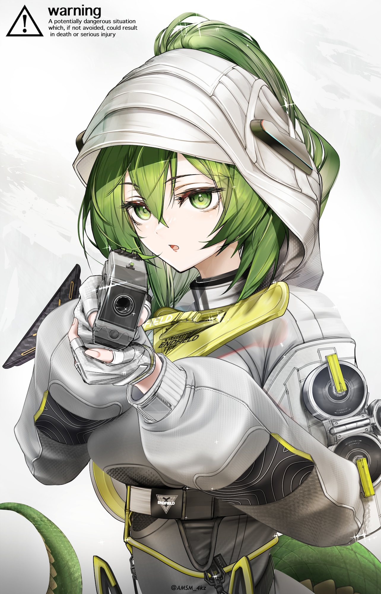 yokaze (yokajie), fluorite (arknights), arknights, arknights: endfield, commentary request, highres, 1girl, bodysuit, breasts, cowboy shot, english text, fingerless gloves, gloves, green eyes, green hair, gun, hair between eyes, holding, holding gun, holding weapon, hood, hood up, long sleeves, looking at viewer, solo, tail, weapon