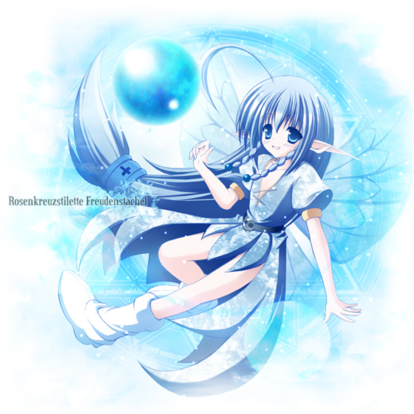 womi, strudel, rosenkreuzstilette, rosenkreuzstilette freudenstachel, ahoge, beads, belt, blue eyes, blue hair, braid, fairy, flat chest, long hair, orb, pointy ears, smile, snow, socks, solo, twin braids