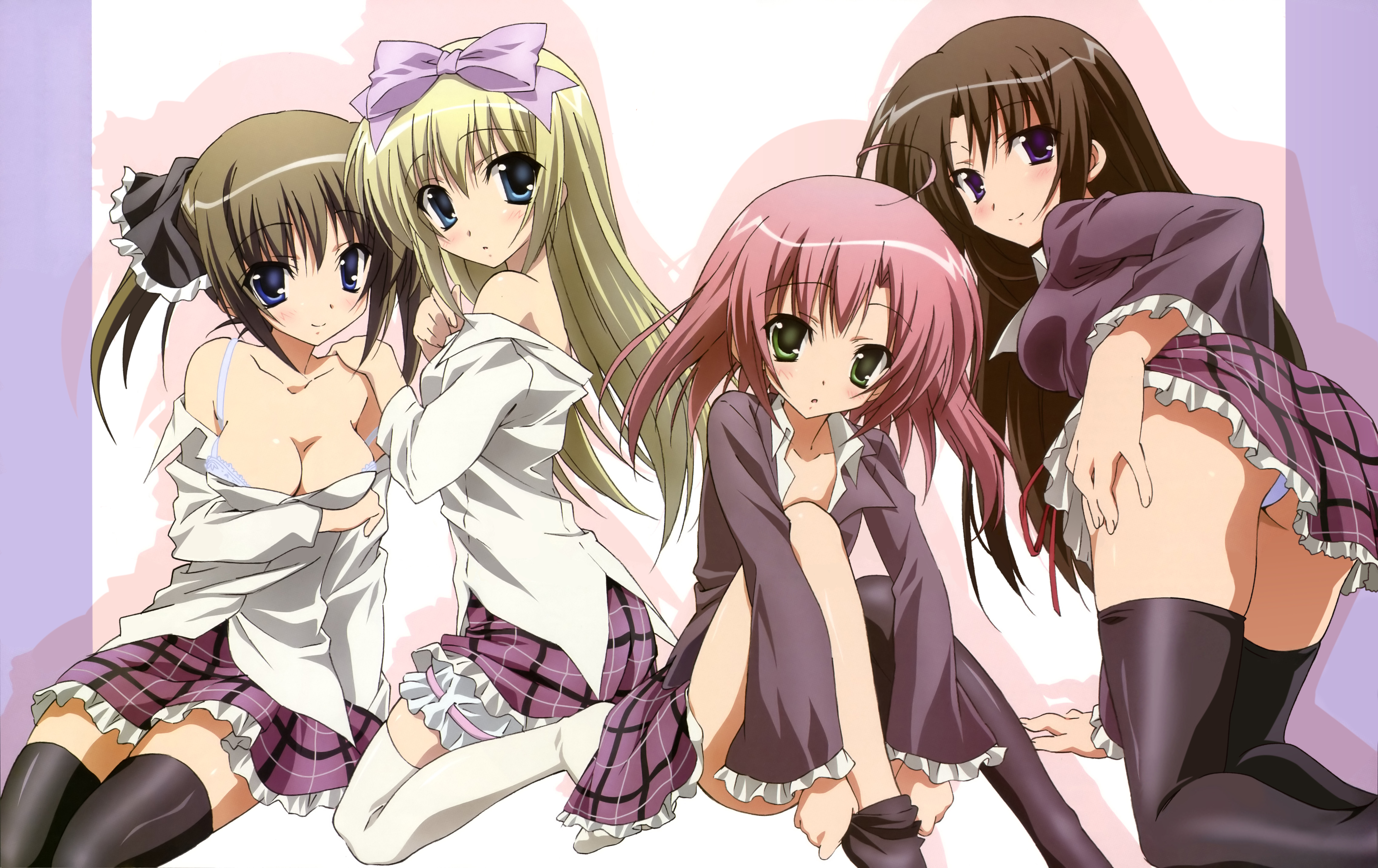 akaba chizuru, sakurano kurimu, shiina mafuyu, shiina minatsu, seitokai no ichizon, absurdres, detexted, highres, non-web source, third-party edit, 00s, 4girls, ahoge, aqua eyes, ass, blonde hair, blue eyes, blush, bow, bra, breasts, brown hair, cleavage, feet, green eyes, large breasts, lingerie, long hair, medium breasts, multiple girls, no shoes, open clothes, open shirt, panties, pantyshot, pink hair, school uniform, shirt, short hair, thighhighs, twintails, underwear, undressing, very long hair, zettai ryouiki