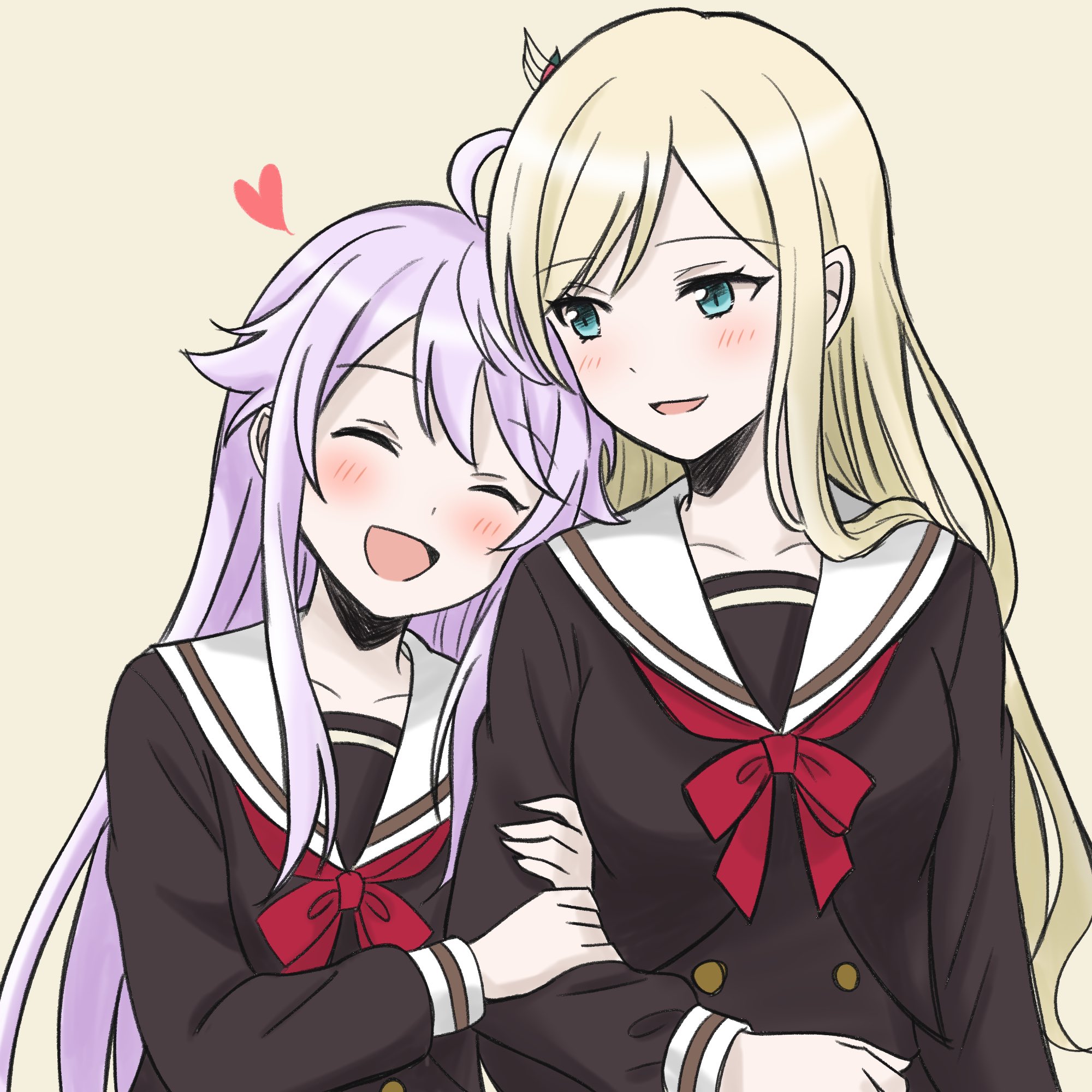 otonashi ichie, yumeoji fumi, shoujo kageki revue starlight, shoujo kageki revue starlight -re live-, commentary request, highres, 2girls, :d, ^ ^, ahoge, arm at side, arm hug, black serafuku, black shirt, blonde hair, blue eyes, blush, bow, bowtie, buttons, closed eyes, collarbone, hair ornament, hands on another's arm, head on another's shoulder, heart, leaning on person, leaning to the side, long hair, long sidelocks, long sleeves, looking at another, looking to the side, multiple girls, open mouth, parted bangs, pukupuku (puku shiohime), purple hair, red bow, red bowtie, rinmeikan girls school uniform, sailor collar, school uniform, serafuku, shirt, side-by-side, sidelocks, simple background, smile, upper body, white sailor collar, yellow background, yuri