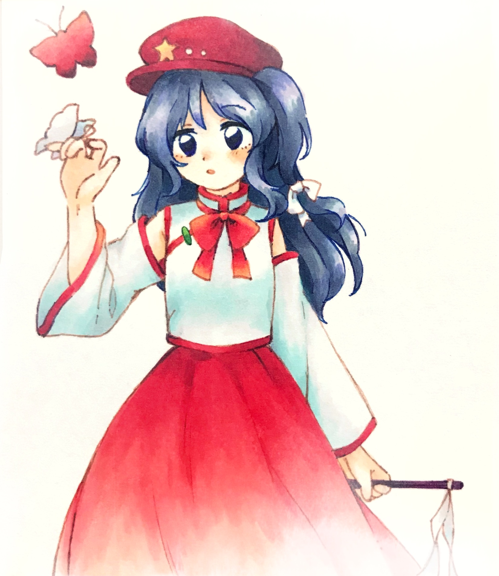 itsuki ( dw), label girl (dipp), touhou, commentary, highres, protected link, traditional media, 1girl, blue eyes, blue hair, bow, bowtie, bug, butterfly, detached sleeves, flat cap, gohei, hair bow, hair ribbon, hand up, hat, insect, long hair, long sleeves, looking at viewer, mandarin collar, newsboy cap, red bow, red bowtie, red butterfly, red hat, red skirt, ribbon, side ponytail, simple background, skirt, solo, star (symbol), tress ribbon, vest, wavy hair, white background, white bow, white butterfly, white ribbon, white sleeves, white vest, wide sleeves