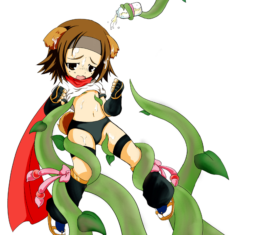 konoha (arcana heart), moriomoto, aq interactive, arcana heart, atlus, examu, animal ears, brown hair, clothes lift, dog ears, dog tail, flat chest, gym uniform, loli, milk, ninja, plant, shirt lift, tail, tentacles