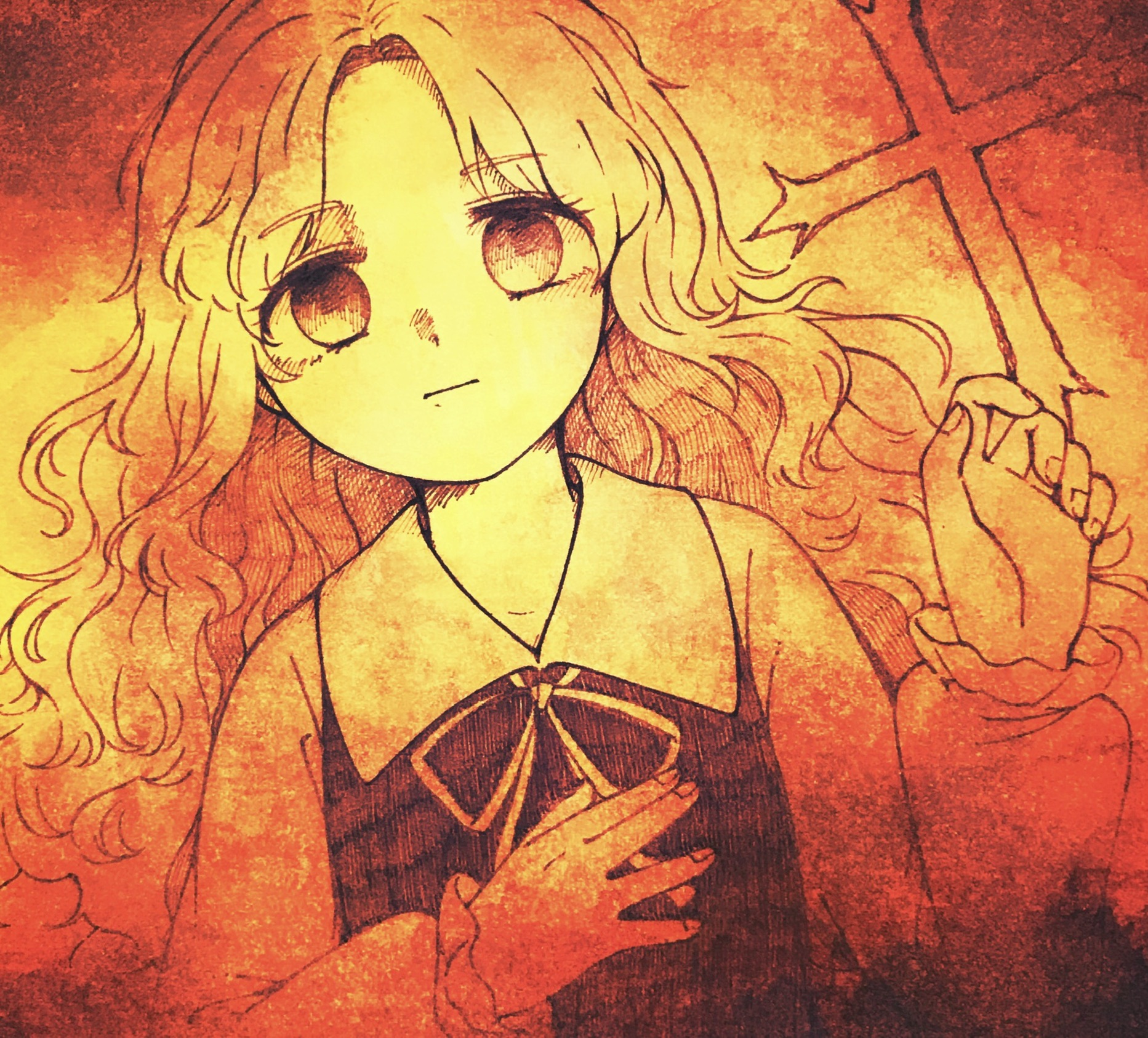 itsuki ( dw), jacket girl (dipp), dolls in pseudo paradise, touhou, commentary request, highres, protected link, 1girl, closed mouth, collared shirt, cross, empty eyes, expressionless, eyelashes, fingernails, long hair, long sleeves, looking at viewer, lying, neck ribbon, no headwear, orange theme, parted bangs, ribbon, shirt, solo, upper body, vest, wavy hair