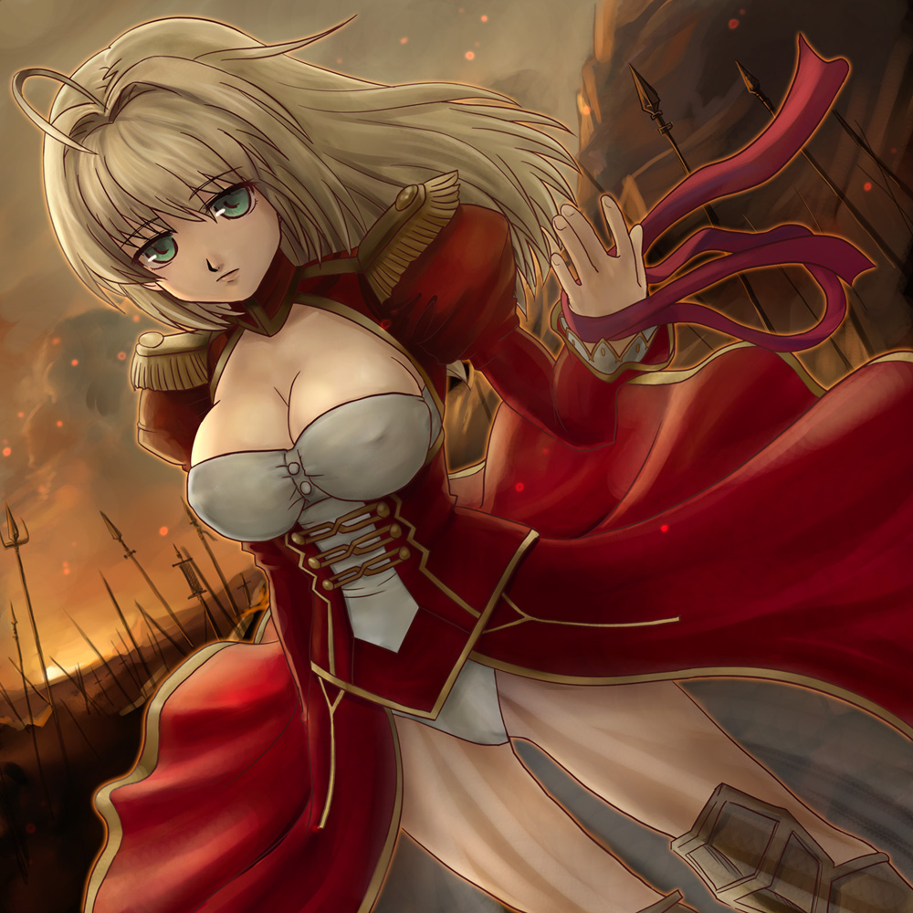 hamoto, nero claudius (fate), nero claudius (fate/extra), fate/extra, fate/stay night, fate (series), bad id, bad pixiv id, 00s, 10s, 1girl, ahoge, blonde hair, breasts, cleavage, dress, epaulettes, female focus, green eyes, hair down, hair intakes, large breasts, long hair, see-through clothes, solo