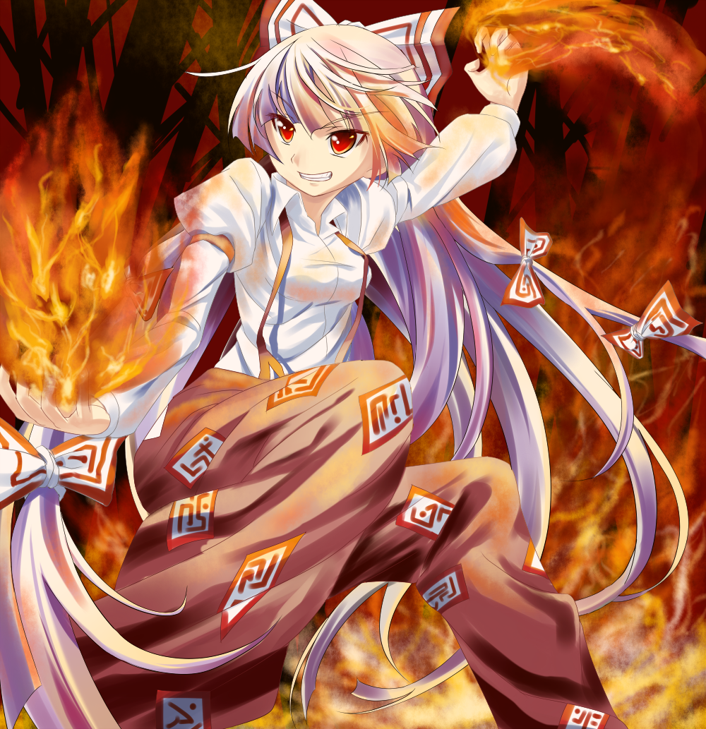makai no koutaishi, fujiwara no mokou, touhou, silver hair, 1girl, bow, breasts, female focus, fire, forest, grin, hair bow, long hair, multiple hair bows, nature, outdoors, red eyes, smile, solo, suspenders