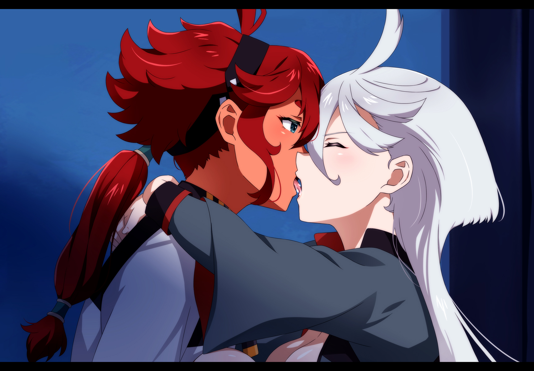 miorine rembran, suletta mercury, gundam, gundam suisei no majo, commentary, highres, 2girls, asticassia school uniform, black hairband, closed eyes, french kiss, green jacket, hairband, jacket, kimaguro box, kiss, letterboxed, long hair, multiple girls, ponytail, red hair, school uniform, white hair, white jacket, yuri