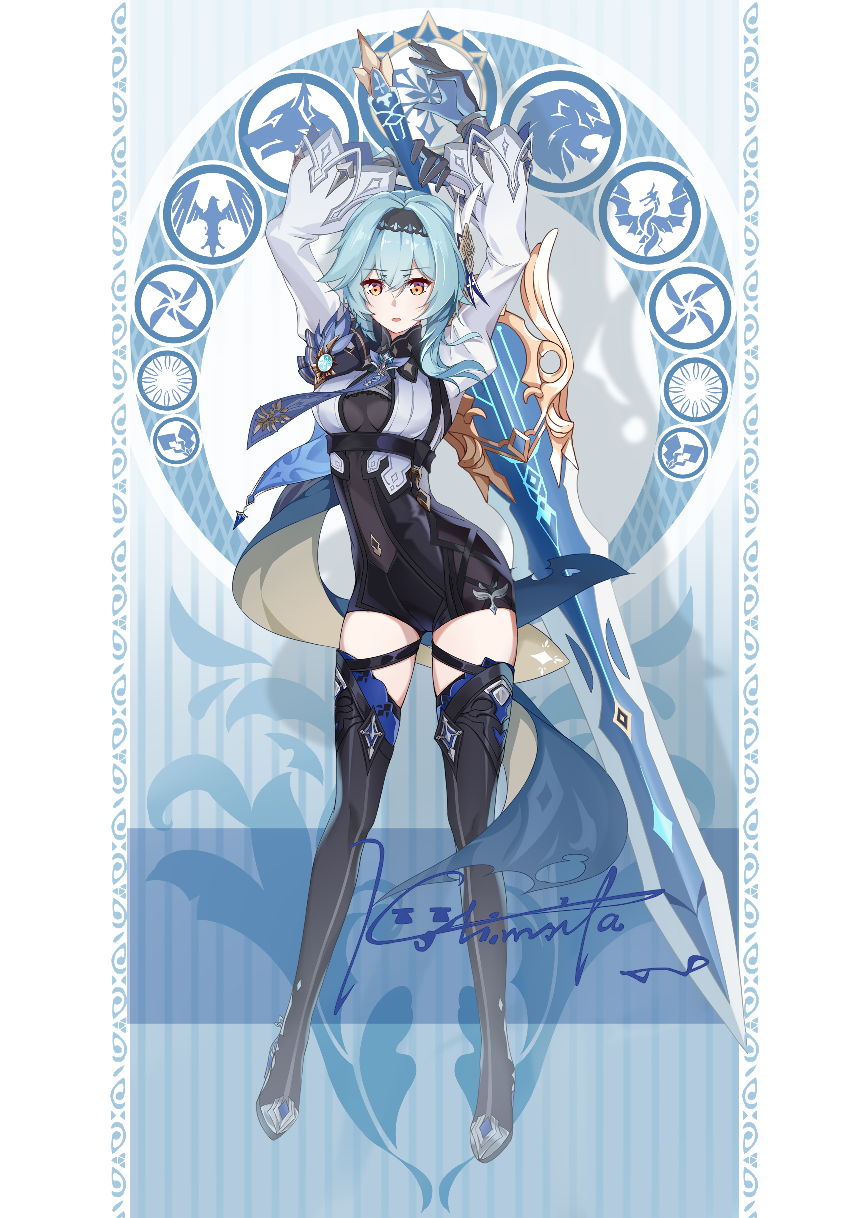 kolimiya, eula (genshin impact), genshin impact, absurdres, commentary, highres, 1girl, arms up, black boots, black gloves, black hairband, blue cape, blue hair, blue necktie, boots, breasts, cape, chest harness, full body, gloves, hairband, harness, high-waist shorts, holding, holding sword, holding weapon, looking at viewer, medium breasts, medium hair, necktie, pillarboxed, shorts, side cape, signature, solo, song of broken pines (genshin impact), sword, thigh boots, weapon, white sleeves, wide sleeves, yellow eyes
