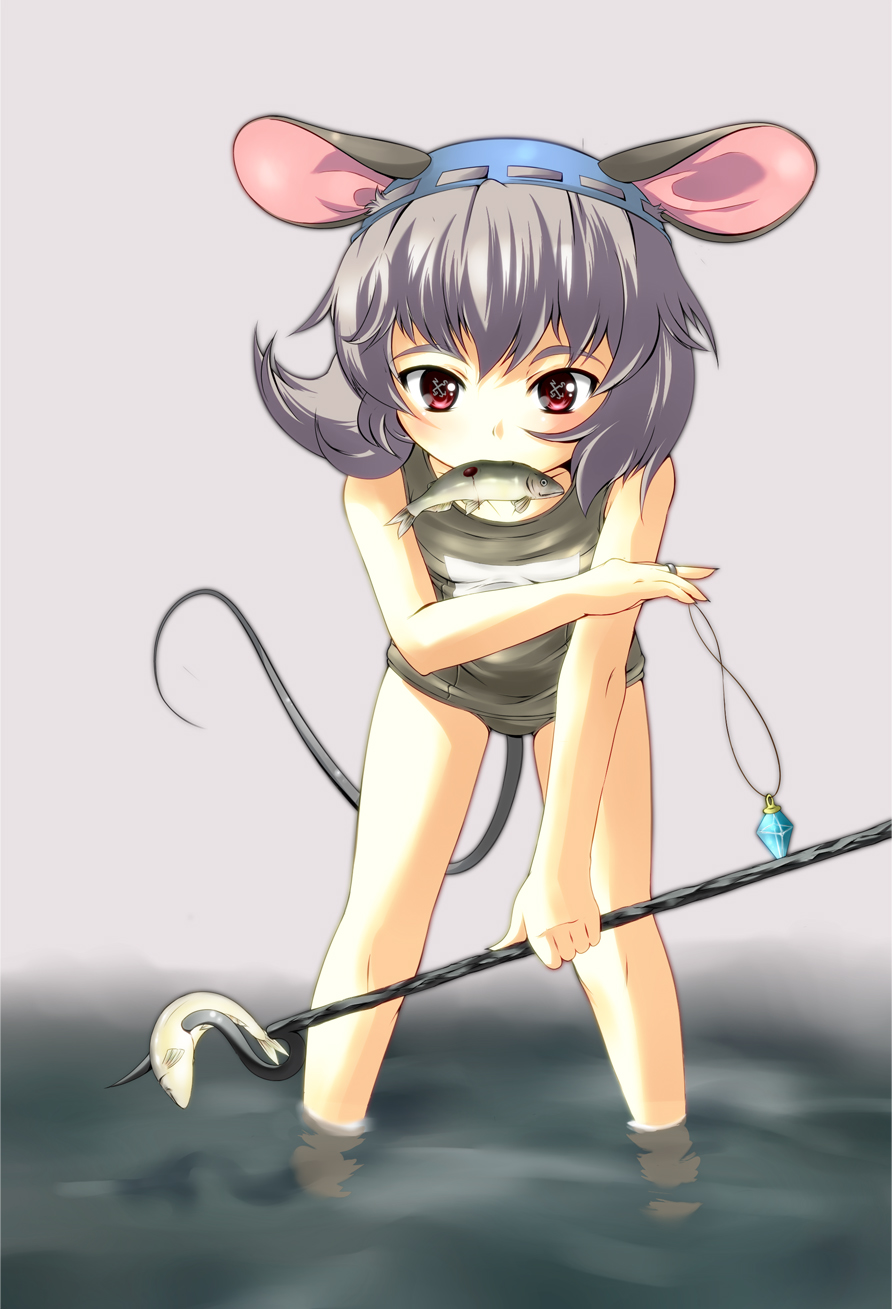 mepikari, nazrin, touhou, highres, 1girl, animal ears, female focus, fish, grey hair, jewelry, leaning forward, mouse ears, mouse tail, mouth hold, one-piece swimsuit, pendant, red eyes, school swimsuit, short hair, solo, swim cap, swimsuit, symbol-shaped pupils, tail, wading, water