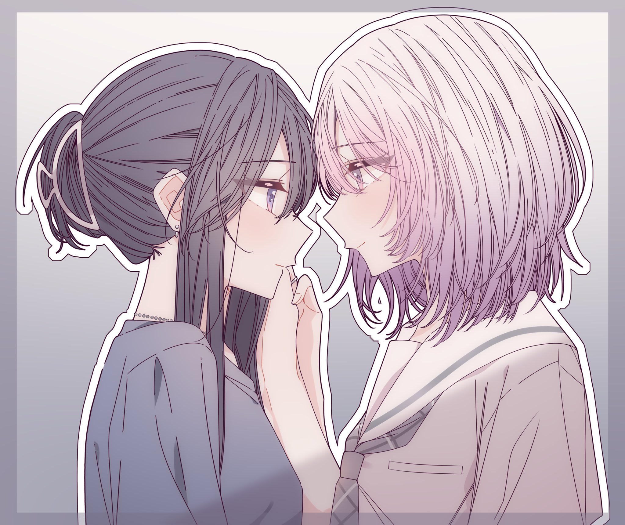 kousaka 0v0, ichigohara itsuki, togawa rin, hitozuma kyoushi ga oshiego no joshikousei ni dohamari suru hanashi, commentary, hashtag-only commentary, highres, 2girls, black hair, border, cheating (relationship), closed mouth, earrings, grey background, grey border, grey shirt, hair bun, hand on another's face, jewelry, medium hair, multiple girls, necklace, outline, pink eyes, pink hair, purple eyes, ring, sailor collar, shirt, wedding ring, white outline, white sailor collar, white shirt, yuri