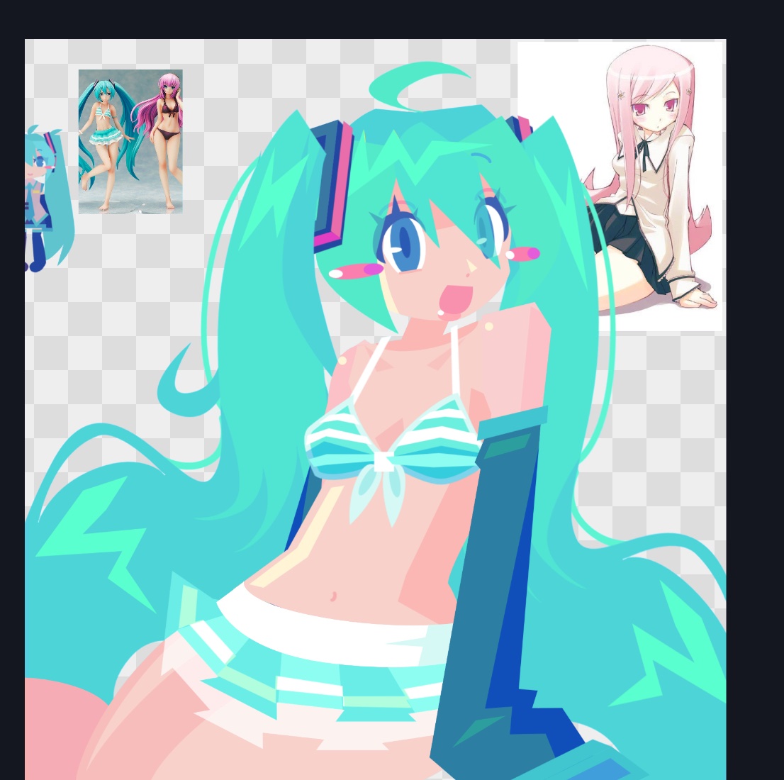 hatsune miku, vocaloid, commentary, english commentary, photo-referenced, 1girl, aqua hair, arm warmers, blue eyes, looking at viewer, open mouth, sadi1v, skirt, smile, solo, swimsuit, twintails