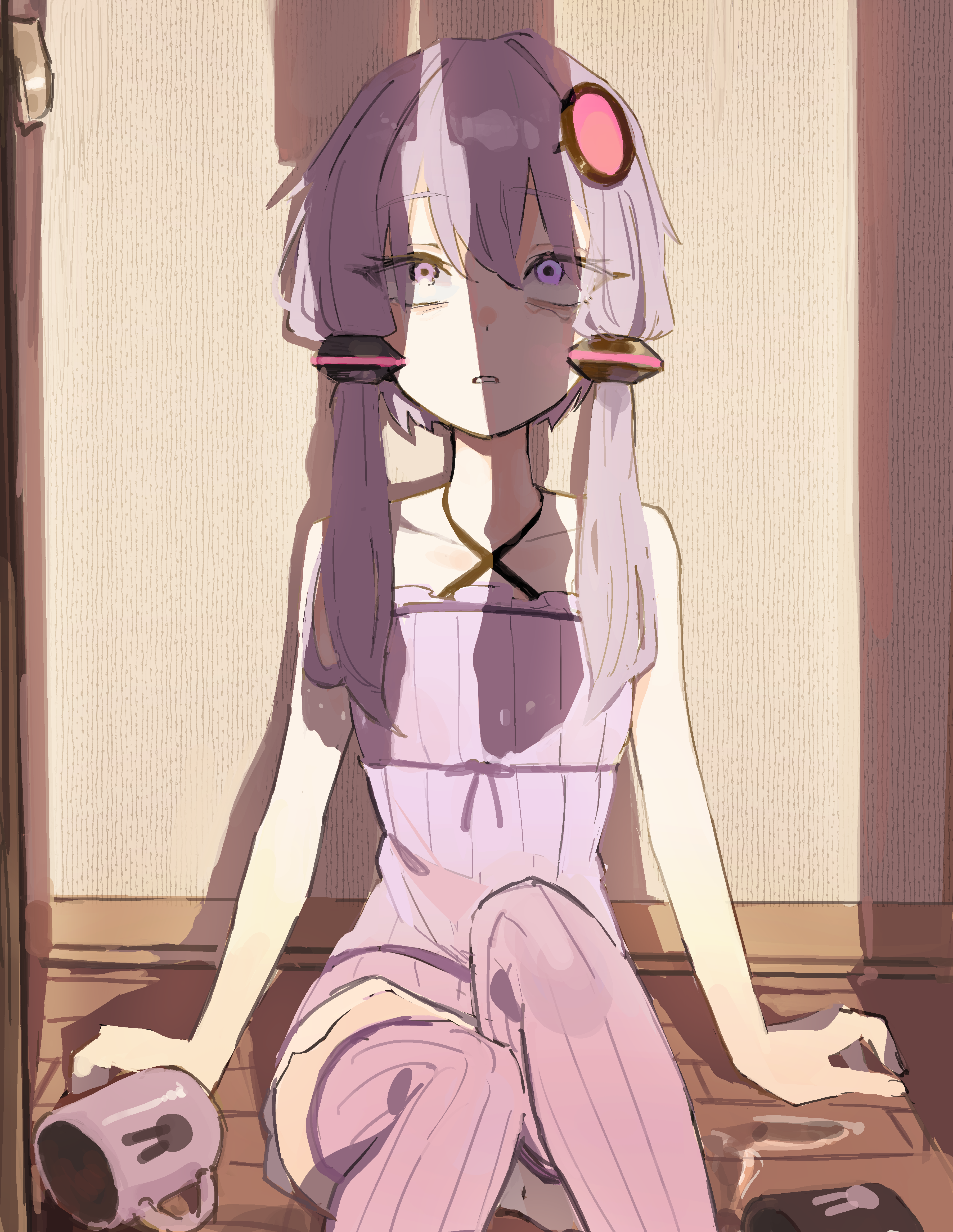 uranosebi, master (vocaloid), yuzuki yukari, vocaloid, absurdres, commentary, highres, 1girl, 1other, criss-cross halter, cup, dress, feet out of frame, hair ornament, halterneck, hanged, long hair, low twintails, on floor, purple dress, purple eyes, purple hair, purple thighhighs, shadow, sitting, spilled milk, suicide, thighhighs, twintails