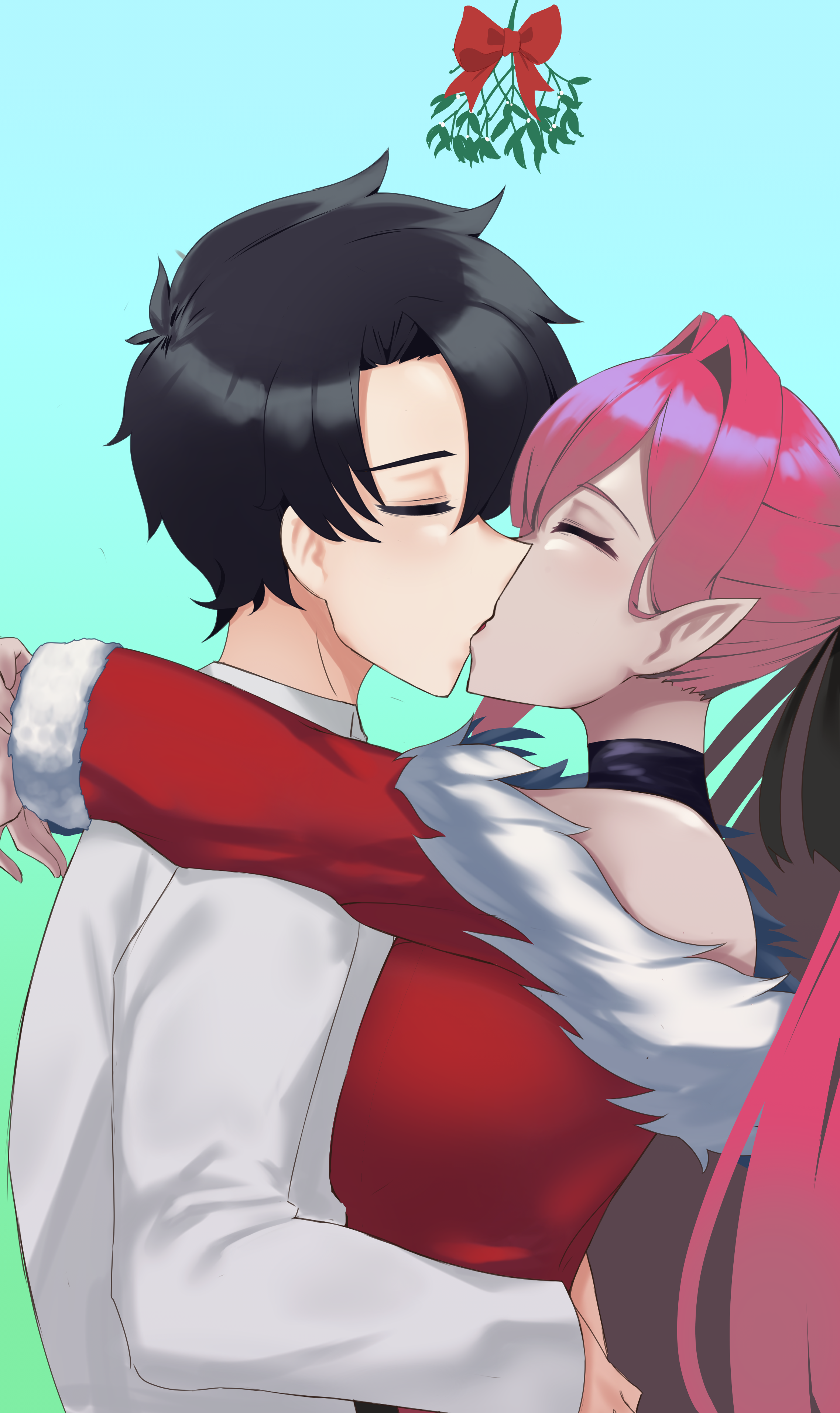 the flying toaster, baobhan sith (fate), fujimaru ritsuka (male), fate/grand order, fate (series), absurdres, commission, commissioner upload, highres, non-web source, 1boy, 1girl, bare shoulders, black hair, breasts, closed eyes, dress, hetero, hug, kiss, large breasts, mistletoe, pointy ears, ponytail, red hair, santa costume, santa dress, short hair