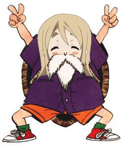 kotobuki tsumugi, muten roushi, dragon ball, k-on!, lowres, third-party edit, 00s, 1girl, beard, blush, blush stickers, closed eyes, cosplay, crossover, double v, facial hair, female focus, happy, long hair, muten roushi (cosplay), shoes, short sleeves, shorts, simple background, sneakers, socks, solo, thick eyebrows, turtle shell, v, white background