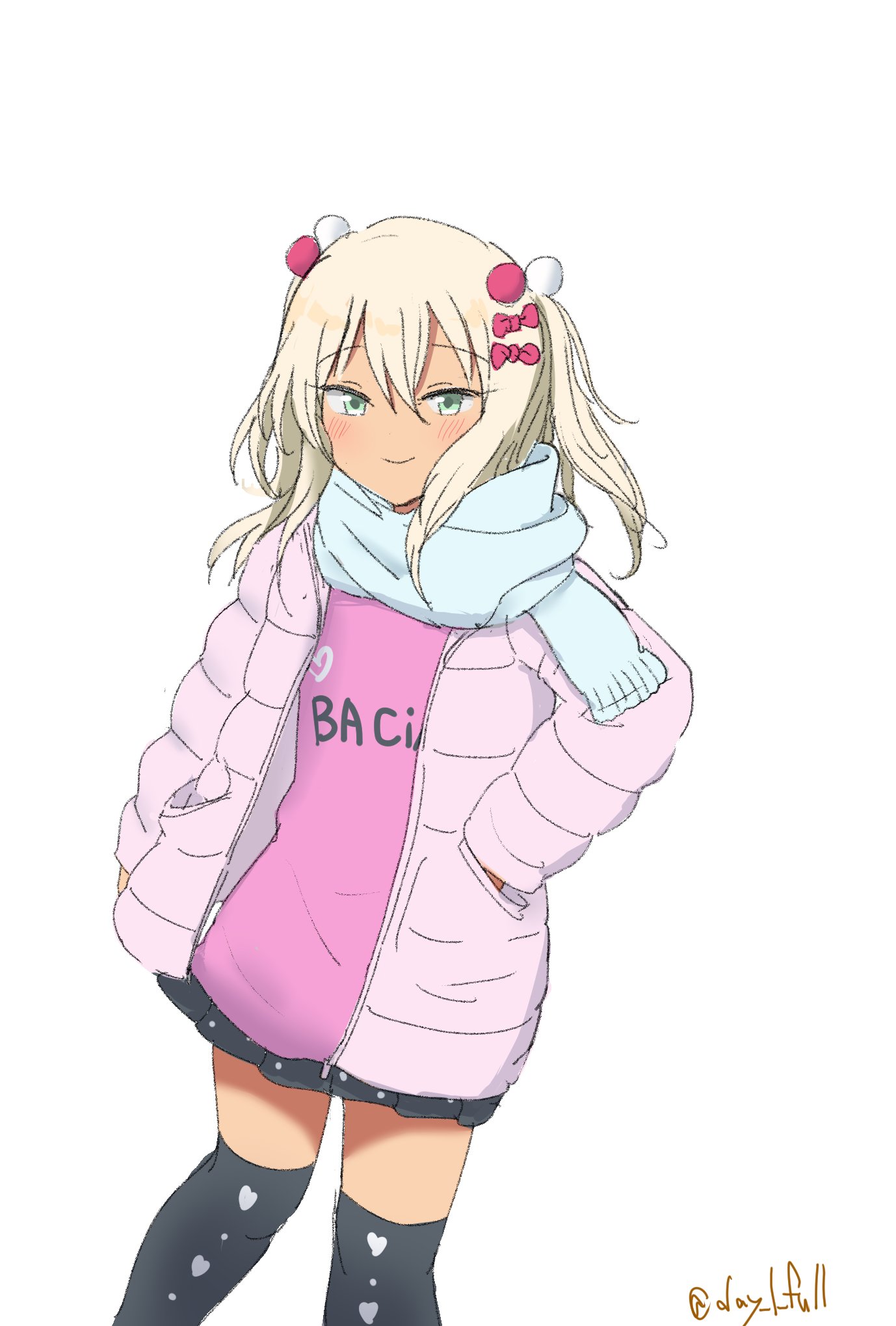 robinson (day l full), grecale (kancolle), grecale (valentine) (kancolle), kantai collection, commentary request, highres, 1girl, black skirt, black thighhighs, blonde hair, bow, clothes writing, feet out of frame, green eyes, hand in pocket, italian text, jacket, long hair, long sleeves, one-hour drawing challenge, pink bow, pink shirt, polka dot, polka dot skirt, shirt, simple background, skirt, solo, thighhighs, twitter username, two side up, white background, white jacket