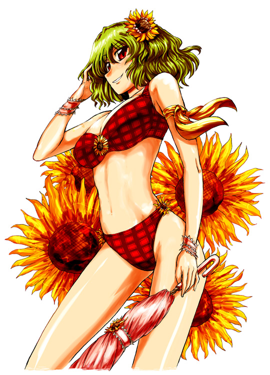 miyamoto ryuuichi, kazami yuuka, touhou, 1girl, adjusting hair, bikini, closed umbrella, female focus, flower, green hair, grin, hair flower, hair ornament, plaid bikini, plaid clothes, red bikini, red eyes, short hair, smile, solo, sunflower, swimsuit, umbrella, white background