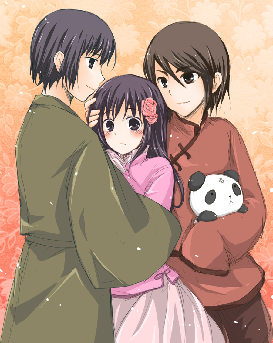 cocori, hong kong (hetalia), japan (hetalia), taiwan (hetalia), axis powers hetalia, 00s, 1girl, 2boys, black eyes, black hair, blush, brown eyes, brown hair, changpao, chinese clothes, flower, frills, gathers, hair flower, hair ornament, holding, japanese clothes, light particles, long sleeves, multiple boys, panda, skirt, sleeves past wrists, smile, wide-eyed
