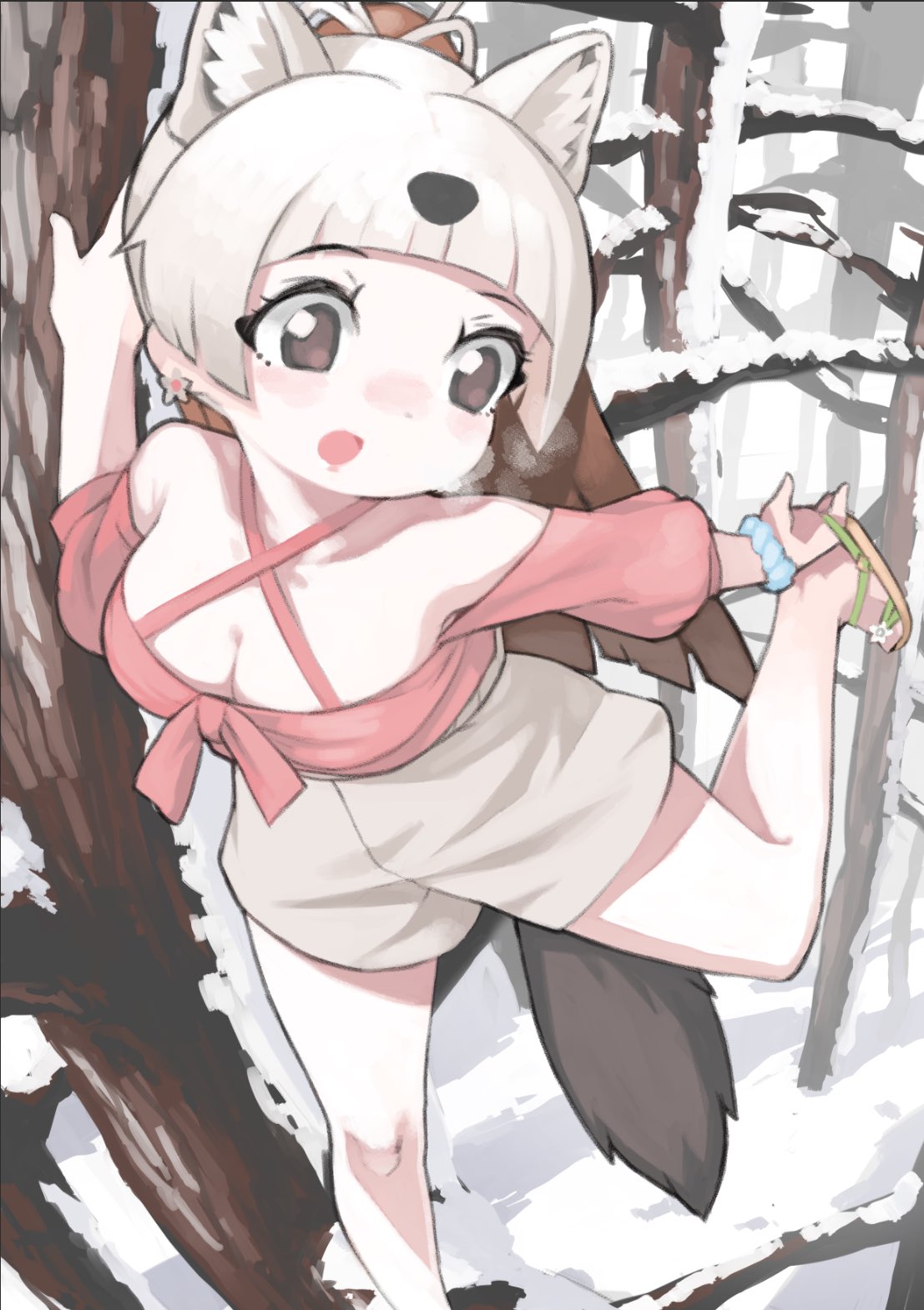 rinx, japanese marten (kemono friends), kemono friends, kemono friends 3, commentary request, highres, bare shoulders, black hair, blunt bangs, blush, breath, brown eyes, brown hair, casual, cowboy shot, criss-cross halter, earrings, flower earrings, grey shorts, halterneck, jewelry, leg up, long hair, multicolored hair, official alternate costume, pink shirt, ponytail, puffy short sleeves, puffy sleeves, sandals, shirt, short sleeves, shorts, sidelocks, snow, standing, standing on one leg, tree, two-tone hair, white hair, winter