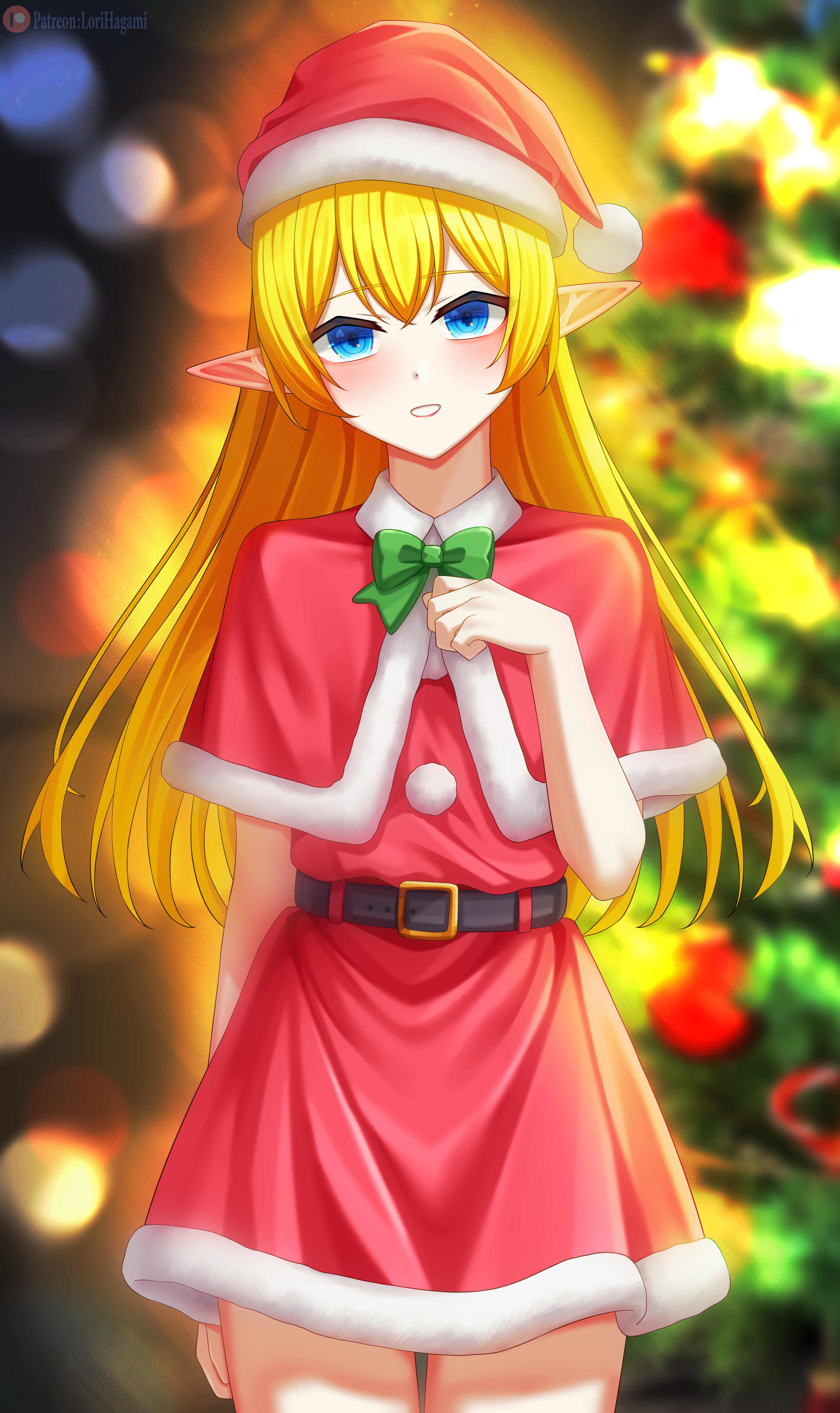 lori hagami, lotte farona, ways of darkness (series), absurdres, commission, commissioner upload, highres, official art, 1girl, belt, black belt, blonde hair, bloom, blue eyes, blurry, blurry background, blush, bow, bowtie, capelet, christmas, christmas tree, costume, cowboy shot, dress, elf, flat chest, fur-trimmed capelet, fur-trimmed dress, fur-trimmed headwear, fur trim, green bow, green bowtie, hat, long hair, looking at viewer, parted lips, pointy ears, red capelet, red dress, santa costume, santa dress, santa hat, smile, solo