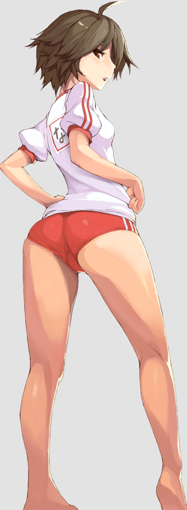 kawa akira, nao (dream c club), dream c club, dream c club (series), bad id, bad pixiv id, long image, tall image, 1girl, ahoge, ass, barefoot, brown hair, buruma, female focus, gym uniform, legs, short hair, solo