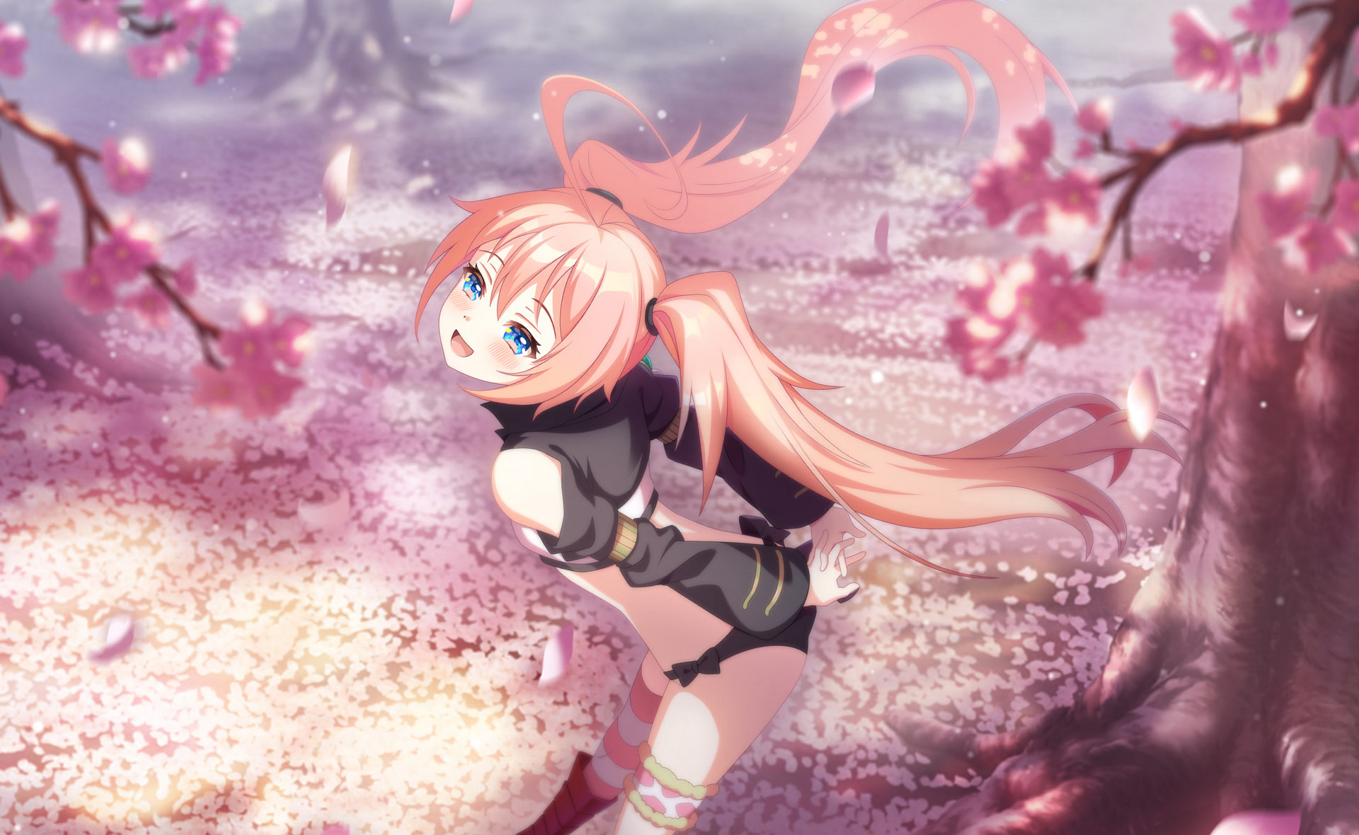 milim nava, motosu towa, tensei shitara slime datta ken, world dai star, commentary request, game cg, highres, official art, third-party source, 1girl, :d, ahoge, ass, bare shoulders, black jacket, black panties, blue eyes, blurry, blurry foreground, blush, branch, cherry blossoms, cosplay, depth of field, detached sleeves, from behind, hair between eyes, jacket, long hair, long sleeves, looking at viewer, looking back, milim nava (cosplay), open mouth, panties, petals, pink hair, short shorts, shorts, smile, solo, thigh strap, tree, twintails, underwear, very long hair
