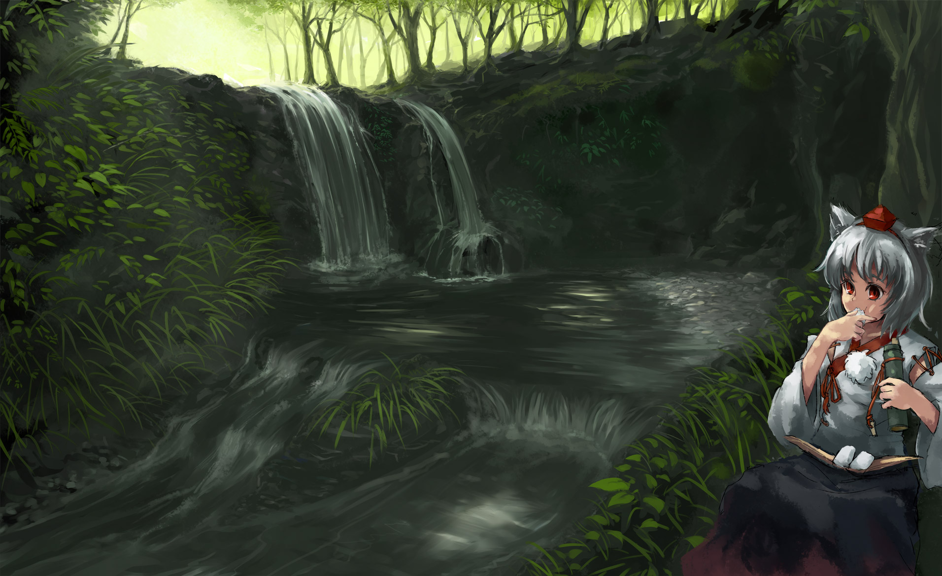 bee (deadflow), inubashiri momiji, touhou, silver hair, bad id, bad pixiv id, highres, 1girl, animal ears, detached sleeves, eating, female focus, food, forest, hat, nature, onigiri, red eyes, red hat, scenery, short hair, sitting, solo, stream, tokin hat, water, waterfall, wolf ears