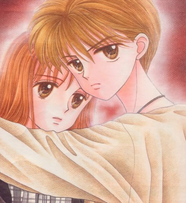 obana miho, hayama akito, kurata sana, kodomo no omocha, official art, 1990s (style), 1boy, 1girl, brown eyes, brown hair, couple, hetero, looking up, red hair