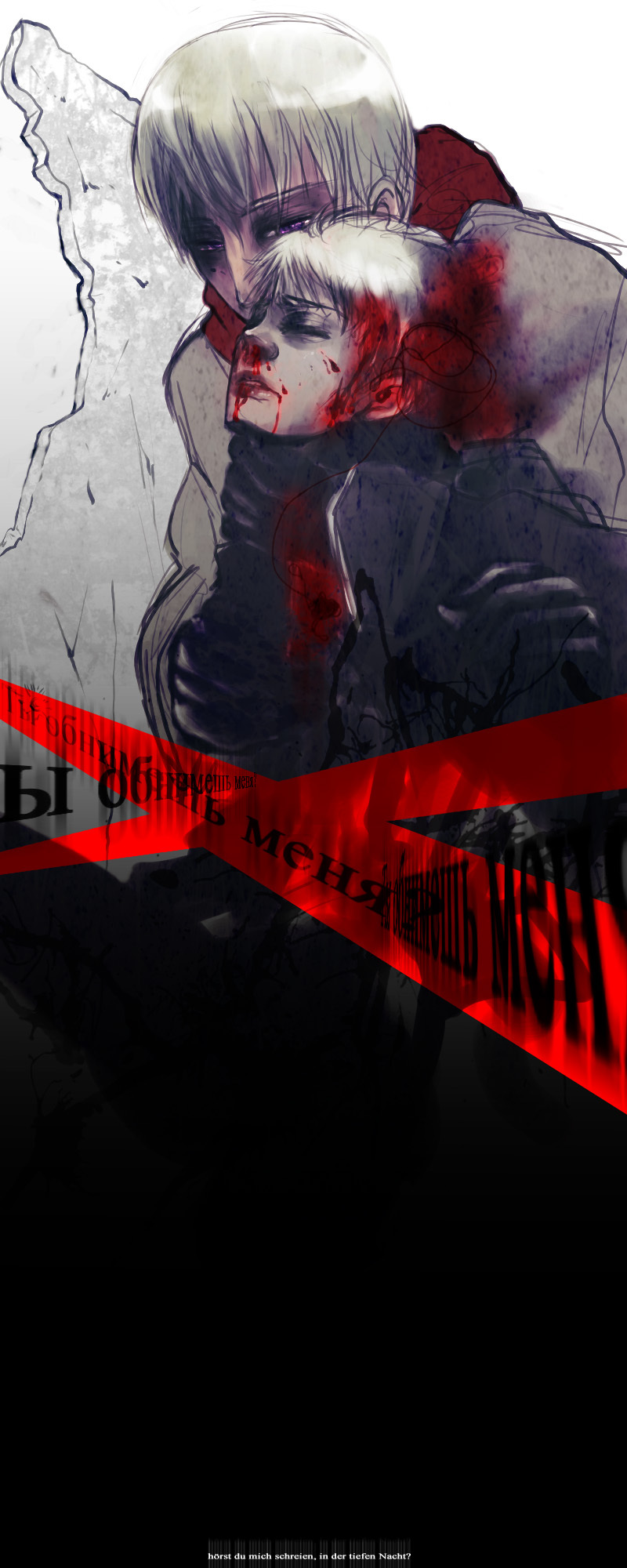 prussia (hetalia), russia (hetalia), axis powers hetalia, highres, 00s, 2boys, albino, blonde hair, blood, closed eyes, gloves, guro, male focus, multiple boys, purple eyes, scarf, white hair