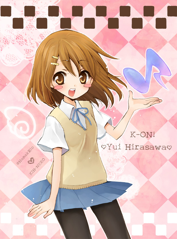 manji (nanakirio), hirasawa yui, k-on!, bad id, bad pixiv id, 00s, 1girl, brown eyes, brown hair, female focus, musical note, pantyhose, school uniform, short hair, solo
