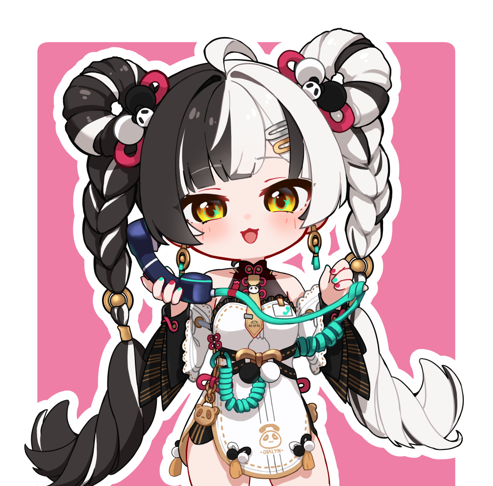 yume tiem, dialyn (zenless zone zero), zenless zone zero, commentary request, korean commentary, 1girl, animal print, bare shoulders, black hair, braid, braided twintails, china dress, chinese clothes, detached sleeves, dress, earrings, hair ornament, jewelry, long hair, looking at viewer, multicolored hair, necktie, open mouth, solo, split-color hair, white hair, yellow eyes