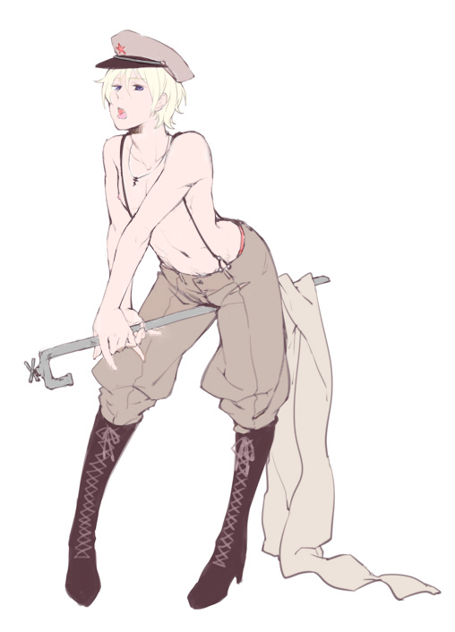 russia (hetalia), axis powers hetalia, 00s, 1boy, blonde hair, boots, hat, lead pipe, male focus, open mouth, pants, peaked cap, scarf, solo, suspenders, topless male, weapon