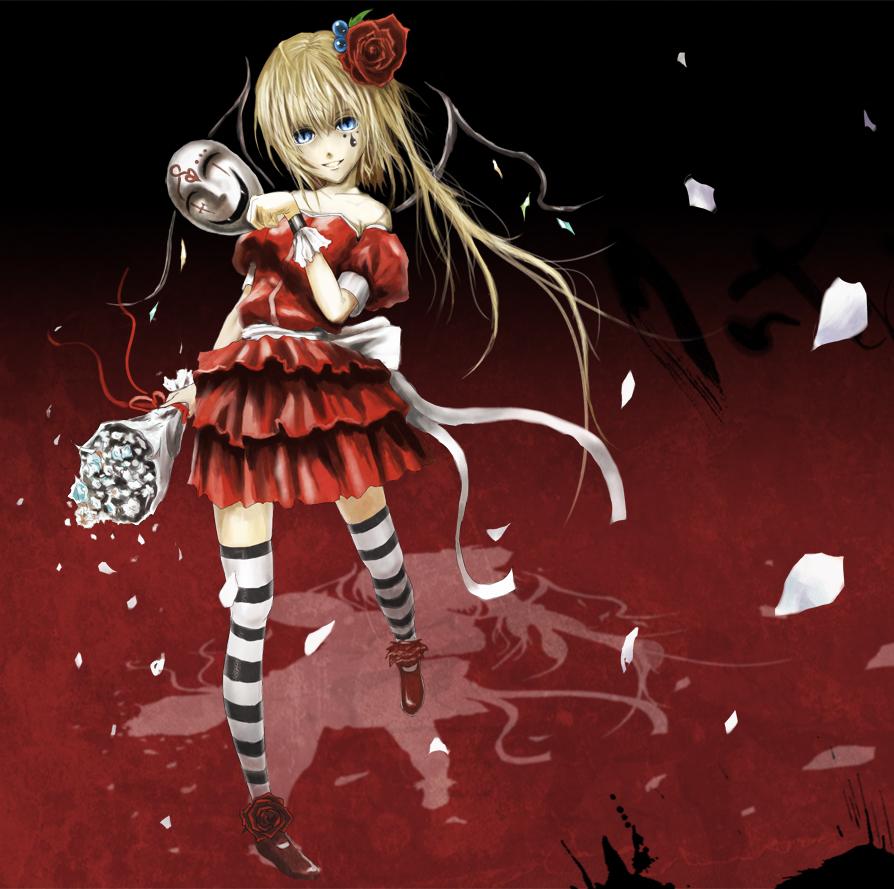 ross (clumzero), flandre scarlet, touhou, 1girl, blonde hair, blue eyes, female focus, flower, hair ornament, mask, one side up, ponytail, rose, short hair, side ponytail, solo, striped clothes, striped thighhighs, thighhighs, wings