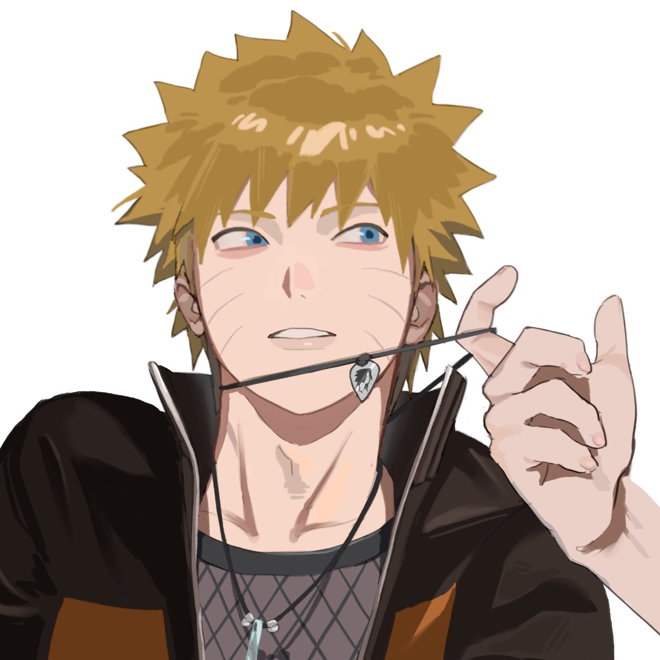 uchiha sasuke, uzumaki naruto, naruto (series), naruto shippuuden, highres, 1boy, 1other, black jacket, blonde hair, blue eyes, facial mark, fishnet top, fishnets, jacket, jewelry, looking at another, male focus, multicolored jacket, necklace, orange jacket, parted lips, short hair, spiked hair, two-tone jacket, upper body, whisker markings, white background, ysn 3515
