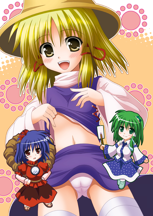 nagana sayui, kochiya sanae, moriya suwako, yasaka kanako, touhou, 3girls, chibi, clothes lift, female focus, multiple girls, panties, shirt lift, thighhighs, underwear