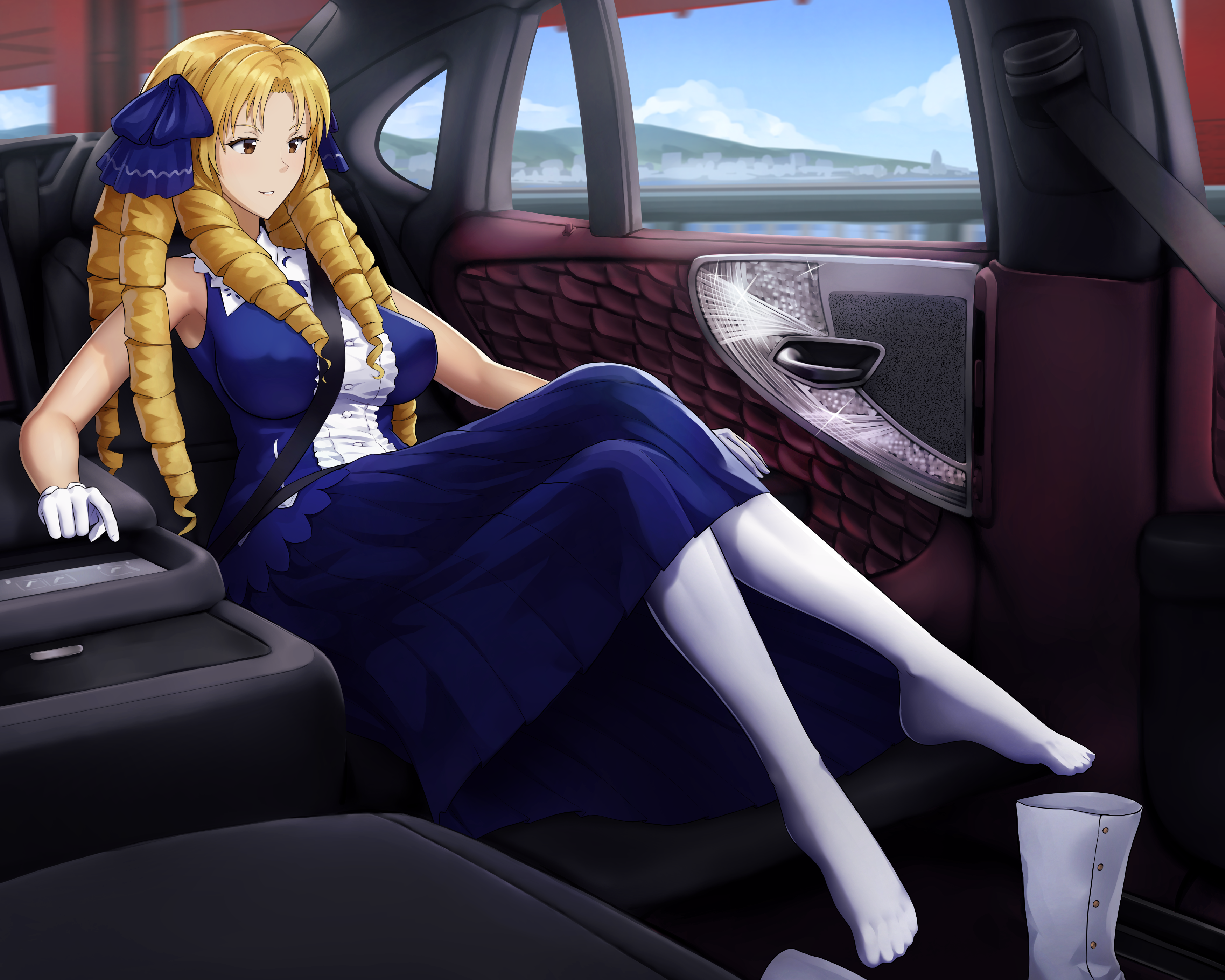 warmcummies, luviagelita edelfelt, fate/stay night, fate (series), absurdres, commentary, english commentary, highres, 1girl, bare shoulders, blonde hair, blue dress, boots, breasts, brown eyes, car interior, crossed legs, dress, drill hair, gloves, large breasts, long hair, pantyhose, solo, unworn boots, white gloves, white pantyhose