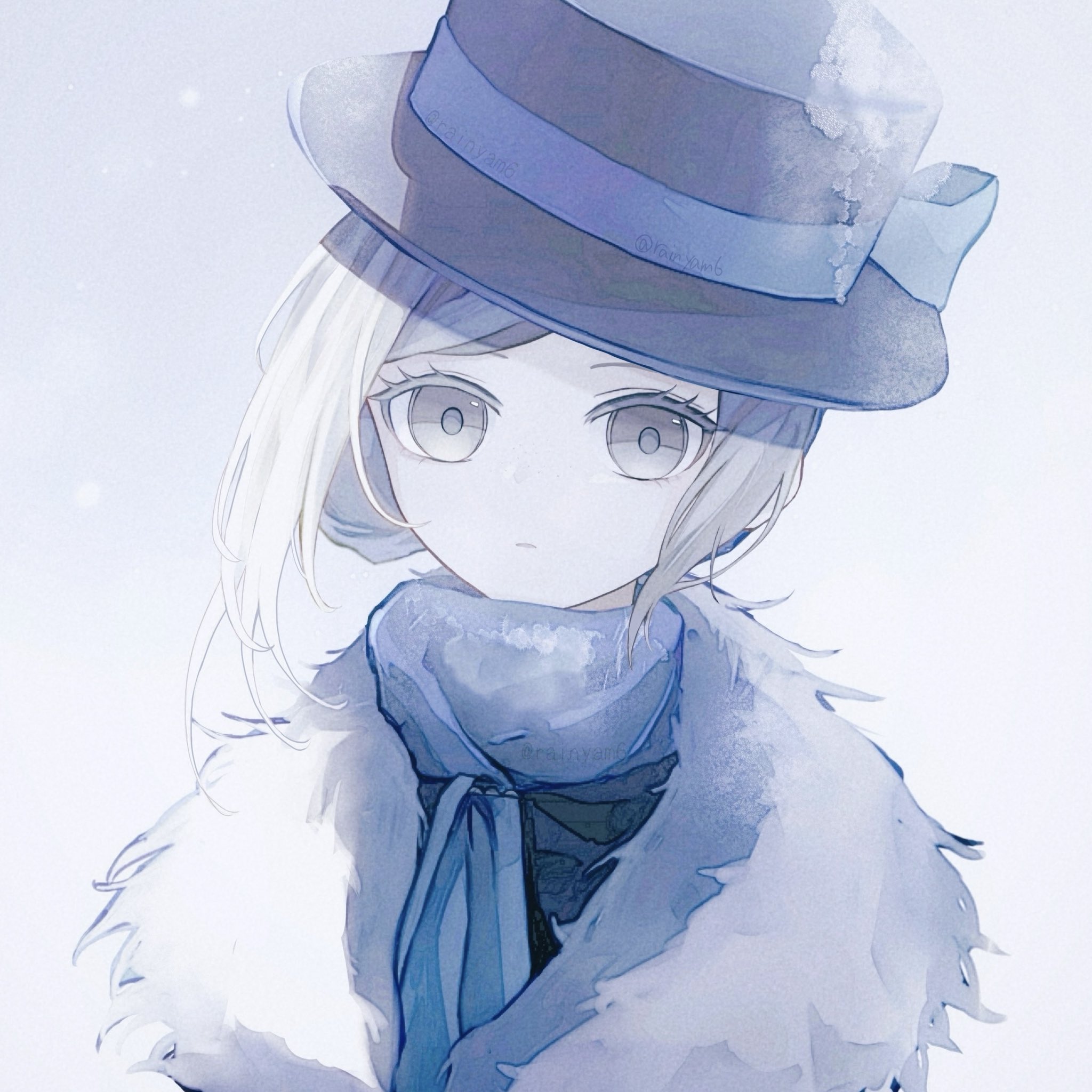 rainyam6, vertin (reverse:1999), vertin (winter) (reverse:1999), reverse:1999, commentary request, highres, 1girl, :|, black hat, blue bow, blue scarf, boater hat, bow, closed mouth, coat, fur-trimmed coat, fur trim, grey eyes, grey hair, hair bun, hat, hat bow, official alternate costume, scarf, short hair, single side bun, solo, upper body, white background