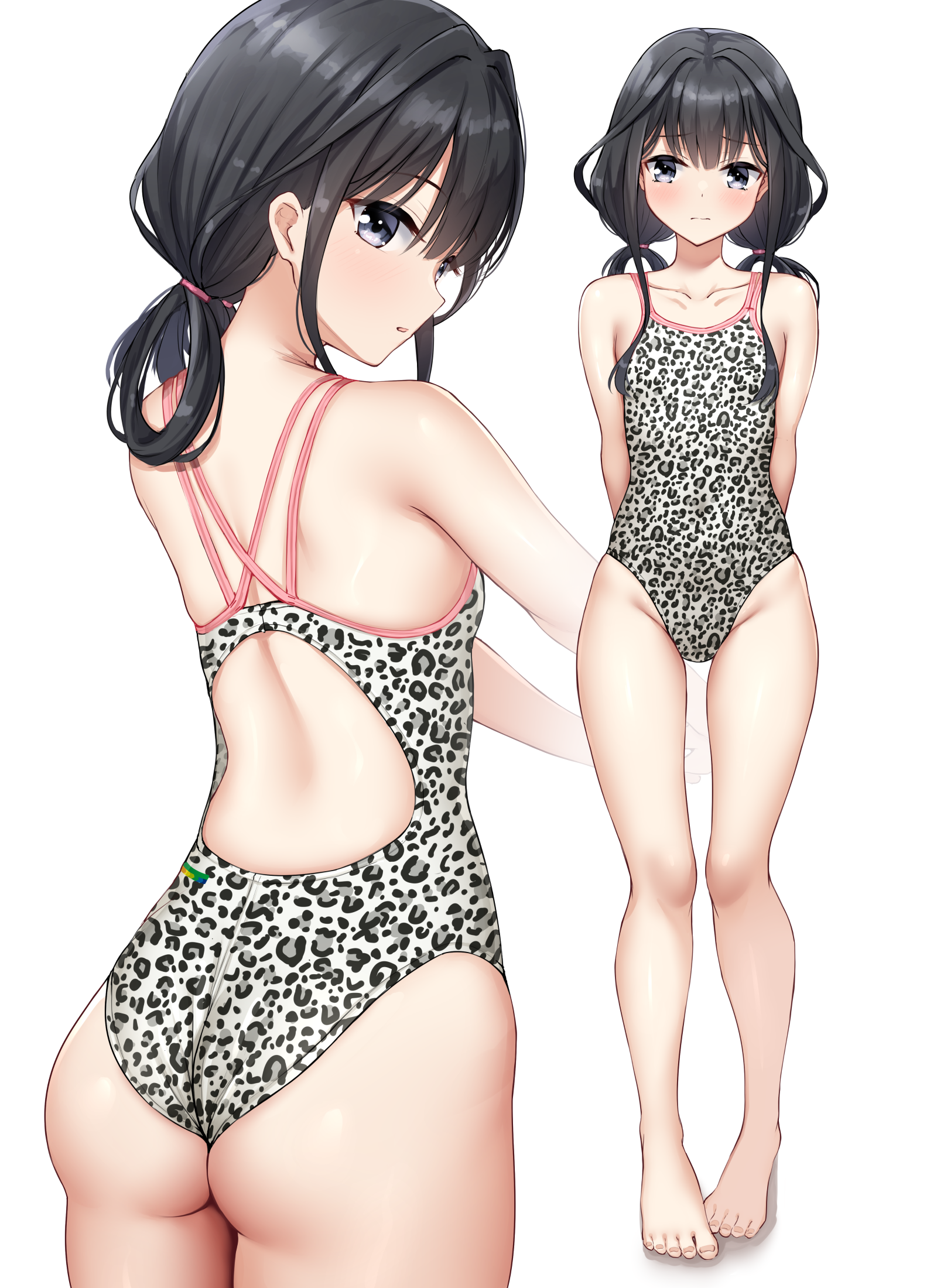 ncontrail (mgax7527), adagaki aki, masamune-kun no revenge, commentary request, highres, 1girl, animal print, ass, barefoot, black hair, competition swimsuit, folded twintails, from behind, full body, grey eyes, leopard print, looking at viewer, low twintails, multiple views, one-piece swimsuit, simple background, swimsuit, twintails, white background